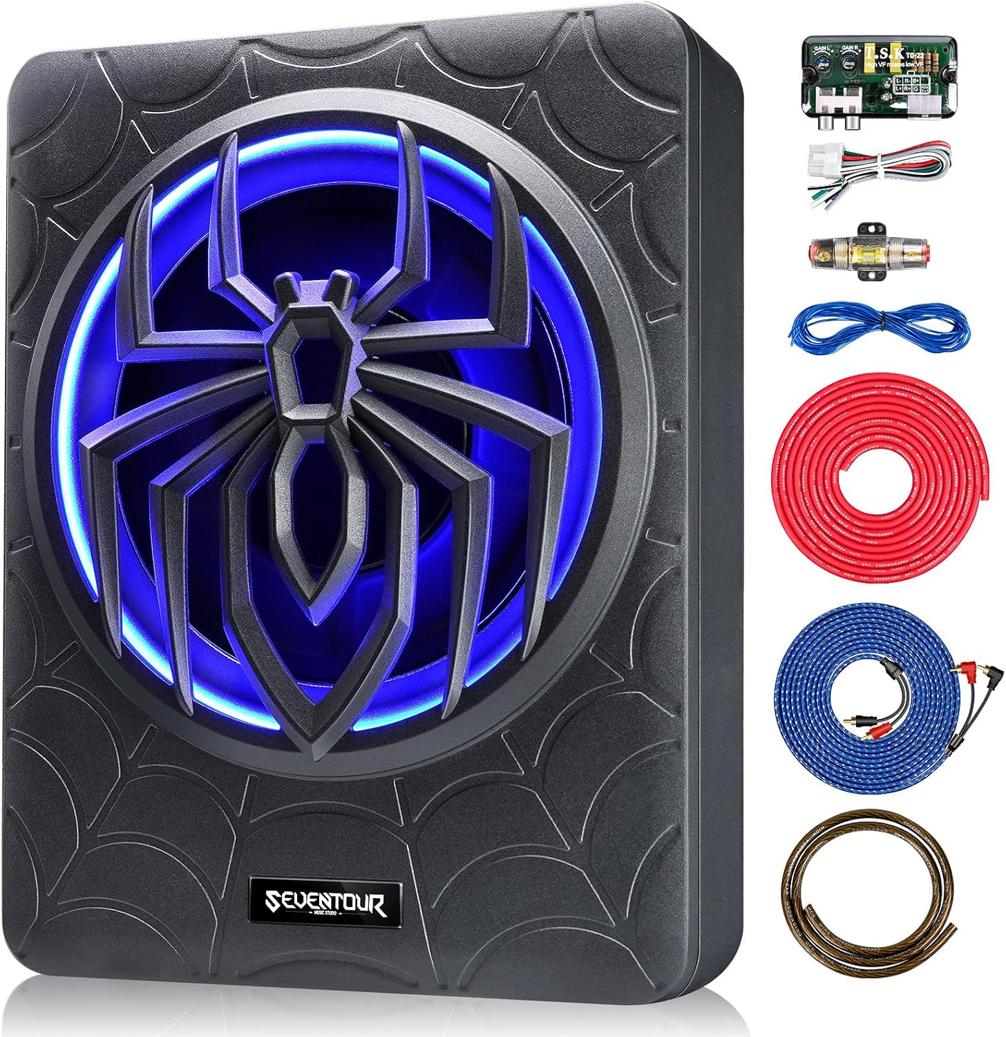 10" 1000W Slim Under Seat Powered Car Subwoofer, Car/Truck Audio Sub Built in Amplifier amp Combo, with Blue LED Light (Subwoofer + Mounting Wire Kit)