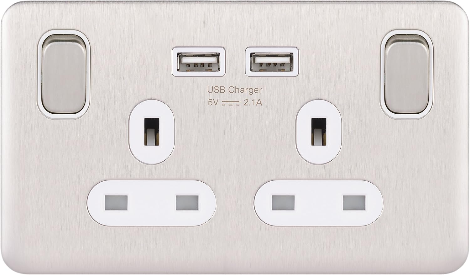Schneider Electric Lisse Screwless Deco - Switched Double Power Socket, Single Pole with USB Charging Ports, 13A, GGBL30202USBAWSSS, Stainless Steel with White Insert