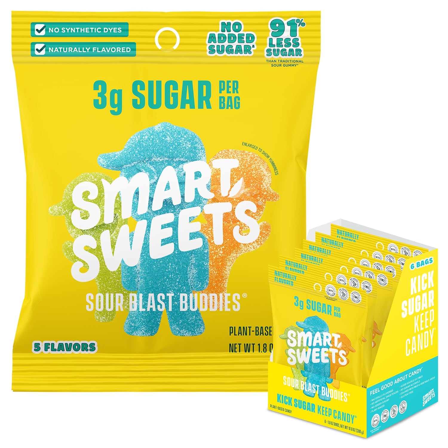 SmartSweets Sour Blast Buddies, Low Sugar Gummy Candy (3g), Low Calorie (130), Gluten-Free -1.8oz (Pack of 6) Packaging may vary | Gluten Free, Plant Based, Healthy Snacks For Adults & Kids, Fiber Candy, Sour Fruit Flavored Gummies, Healthy Candy