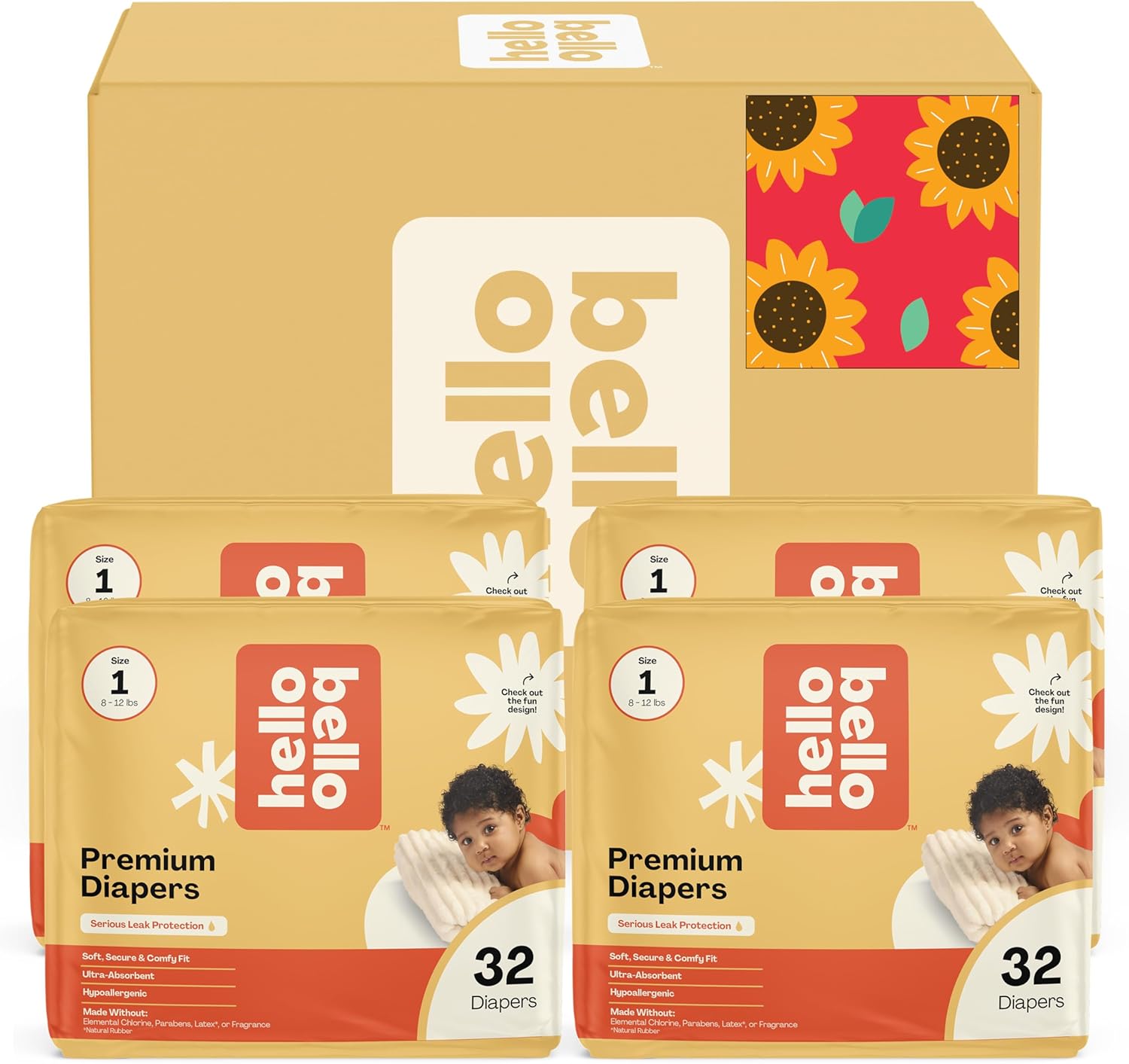 Hello Bello Diapers, Size 1 (8-12 lbs) Flower Child, 128 Count Value Pack of Premium Disposable Baby Diapers, Hypoallergenic with Soft, Cloth-Like Feel
