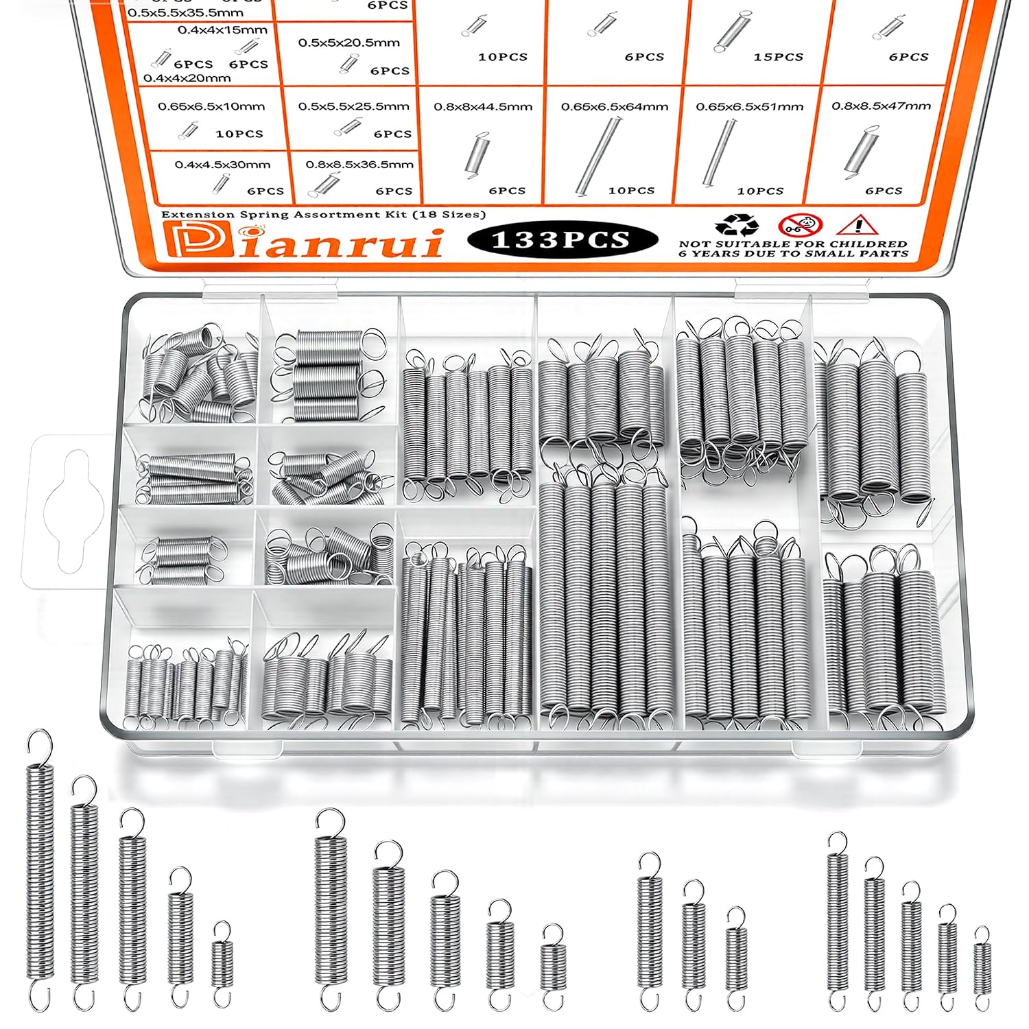 Dianrui 133 PCS Extension Spring Assortment Kit 18 Different Sizes Small Spring Zinc Plated Extension Springs for Home Repairs & DIY Springs Assortment