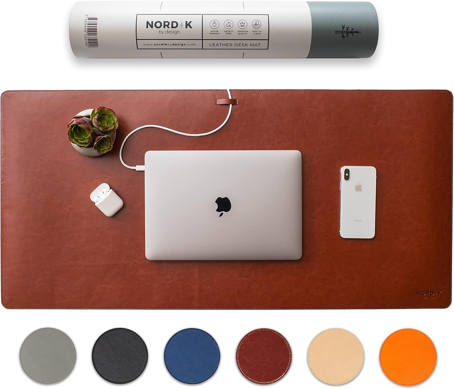 Nordik Leather Desk Mat Cable Organiser (Cognac Brown 89 X 43 cm) Premium Extended Mouse Mat for Home Office Accessories - Non-Slip Vegan Leather Desk Pad Protector & Desk Blotter Pad Mousepad