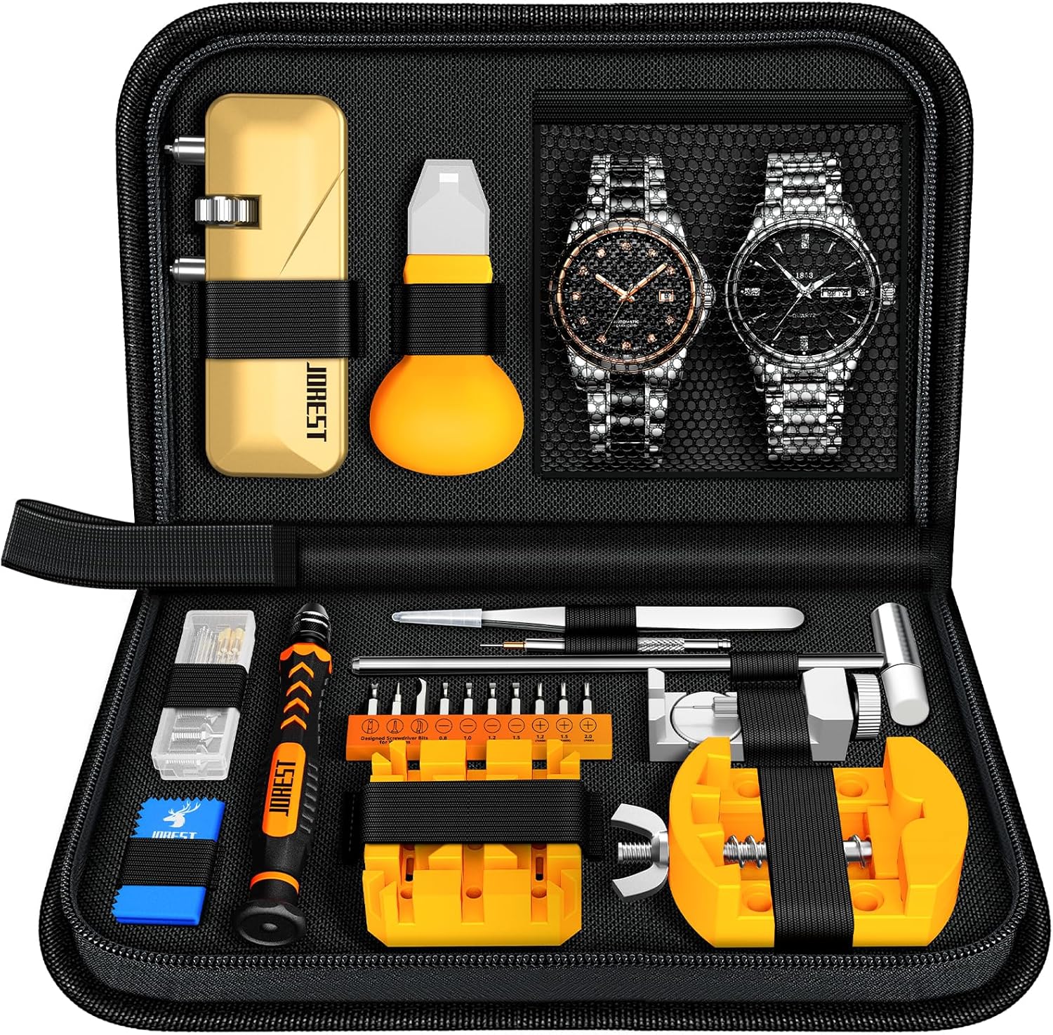 【2024 New】JOREST Watch Repair Tool Kit, Watch Battery Replacement, Watch Strap Adjustment, Band Link Removal, Wrench Case Opener, Pry Opening Back Cover, Bracelet Pin Remover, Screwdriver, Spring Bar