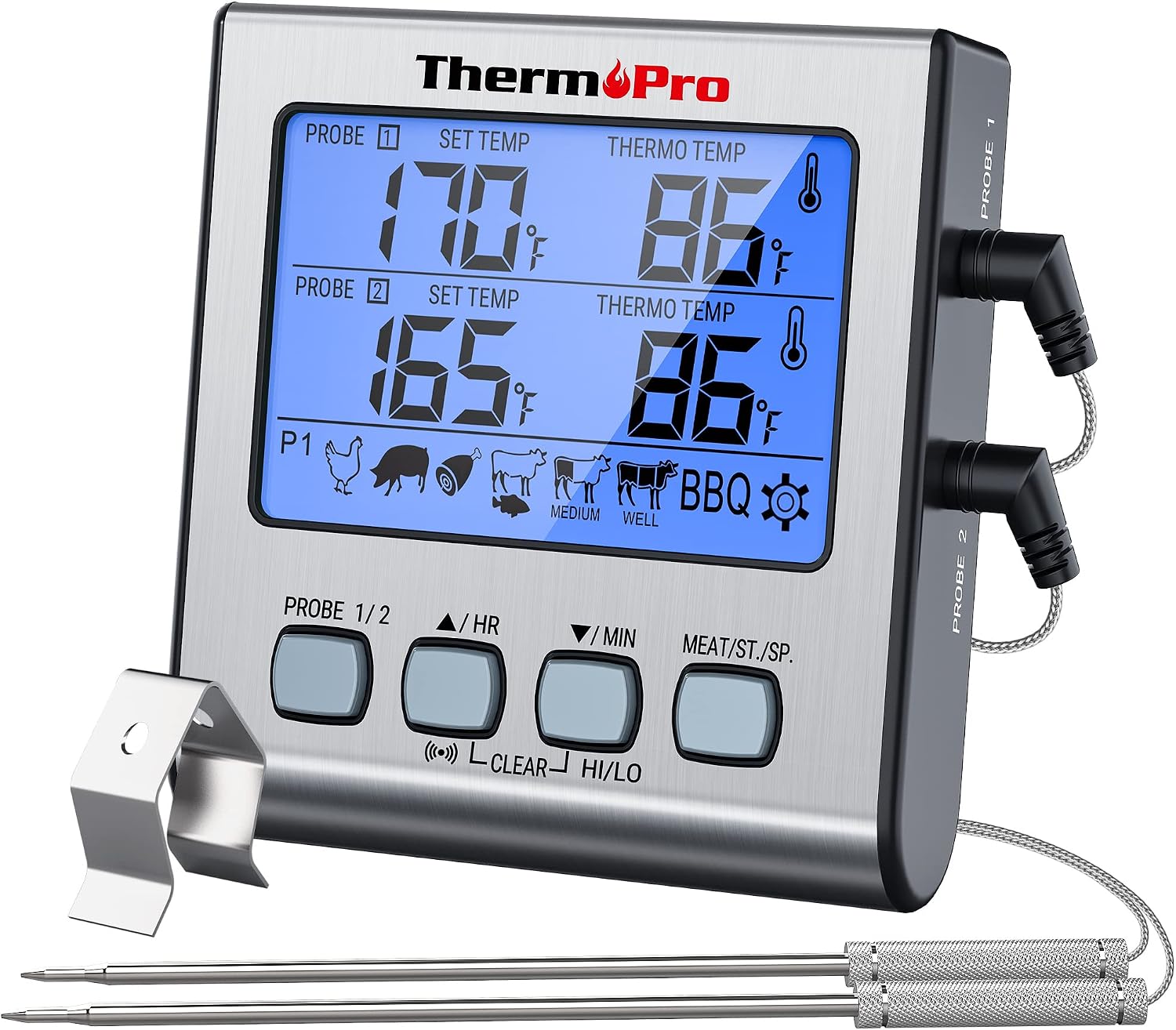 ThermoPro TP17 Dual Probe Digital Cooking Meat Thermometer Large LCD Backlight Food Grill Thermometer with Timer Mode for Smoker Kitchen Oven BBQ, Silver