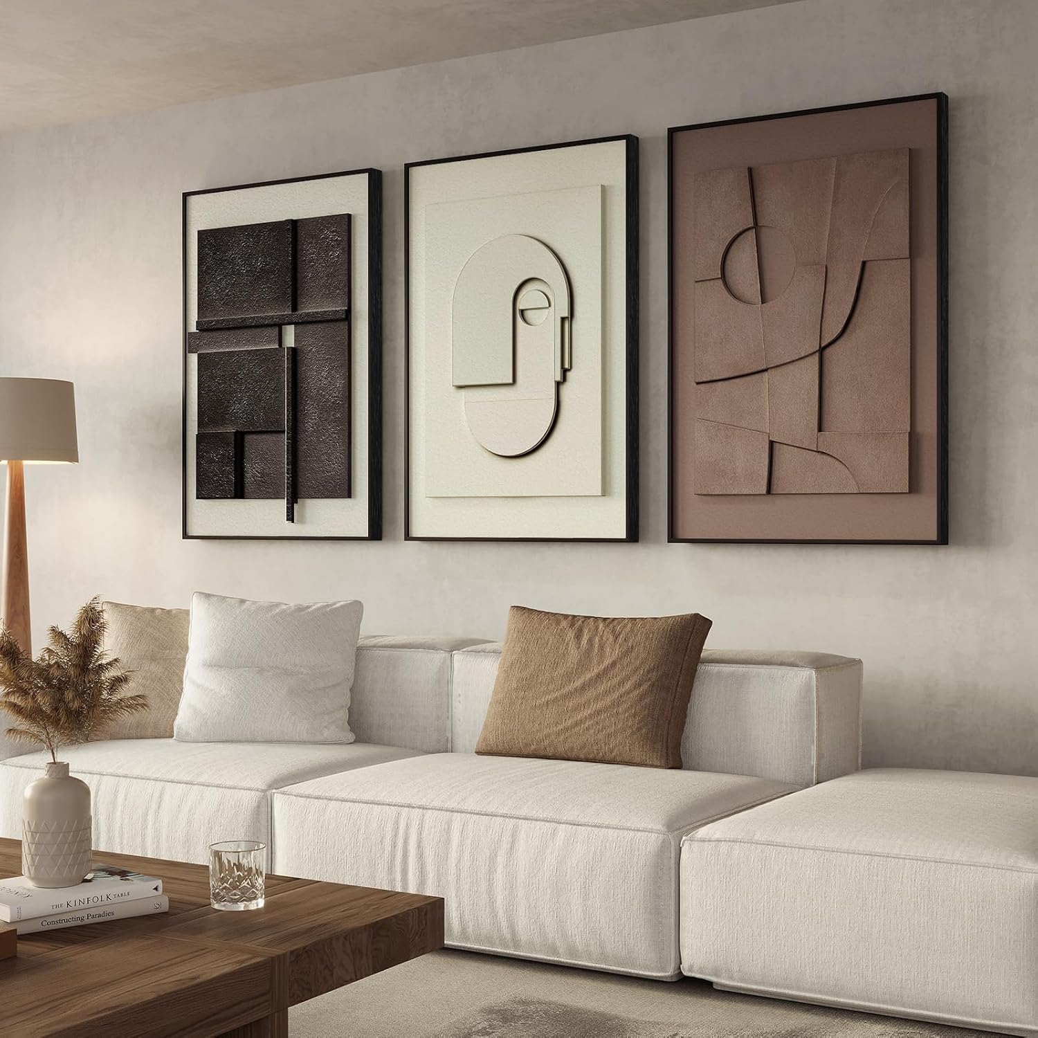 Large 3D Textured Framed Abstract Wall Art for Living Room, 3 Piece Modern Paintings Artwork for Walls, Black White Brown Geometric Sandstone Texture Pictures for Hallway Office Wall Decor 24x36 In