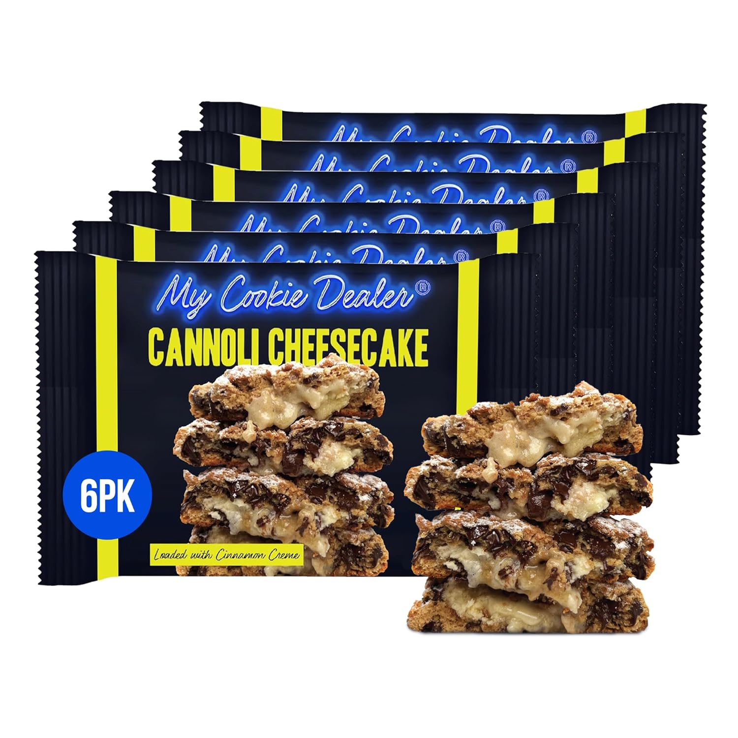 My Cookie Dealer Soft Baked Cookies, Cannoli Cheesecake (6-Pack, 4oz Cookie) - Cannoli Shell Batter Loaded with Chocolate Chips, Cinnamon Creme & Powdered Sugar - Individually Wrapped Travel Snacks