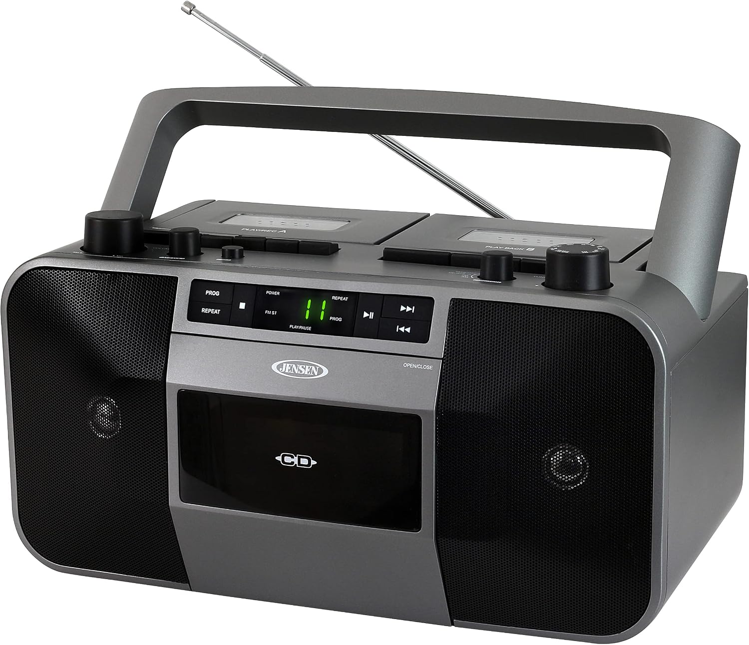 Jensen MCR-1500 Vintage Stereo Portable CD/MP3 Dual Cassette Deck Recorder Boombox, LED Display, AM/FM Radio, Bass Boost (Exclusive) (Platinum Silver)