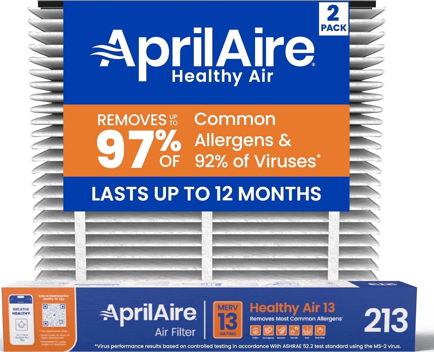 Genuine AprilAire 213 Replacement Filter for AprilAire Whole-House Air Purifiers - MERV 13, Healthy Home Allergy, 20x25x4 Air Filter (Pack of 2)
