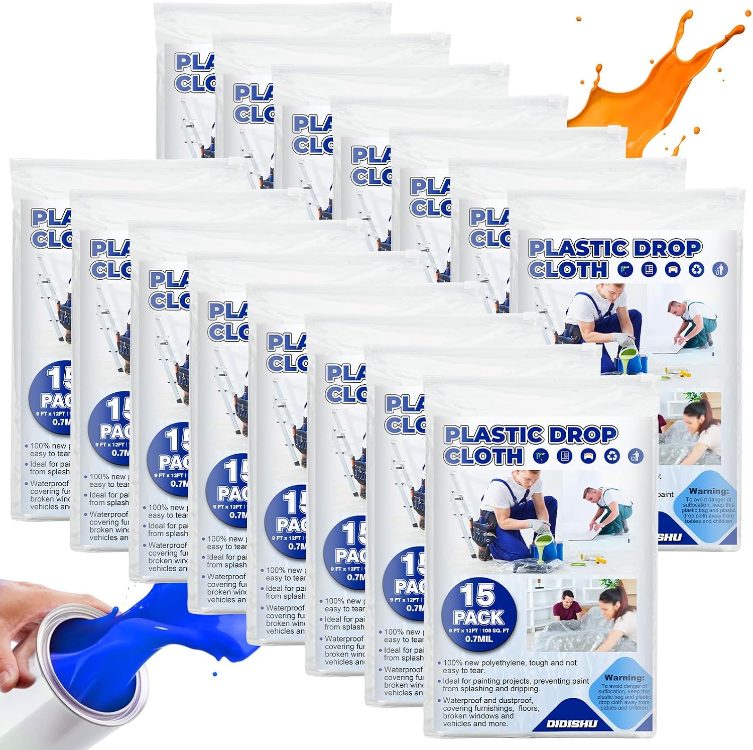 15 Pack Drop Cloths for Painting, 9x12 Feet, Extra Thick Clear Plastic, Disposable Paint Covering Tarp, Waterproof Plastic Dust Sheets
