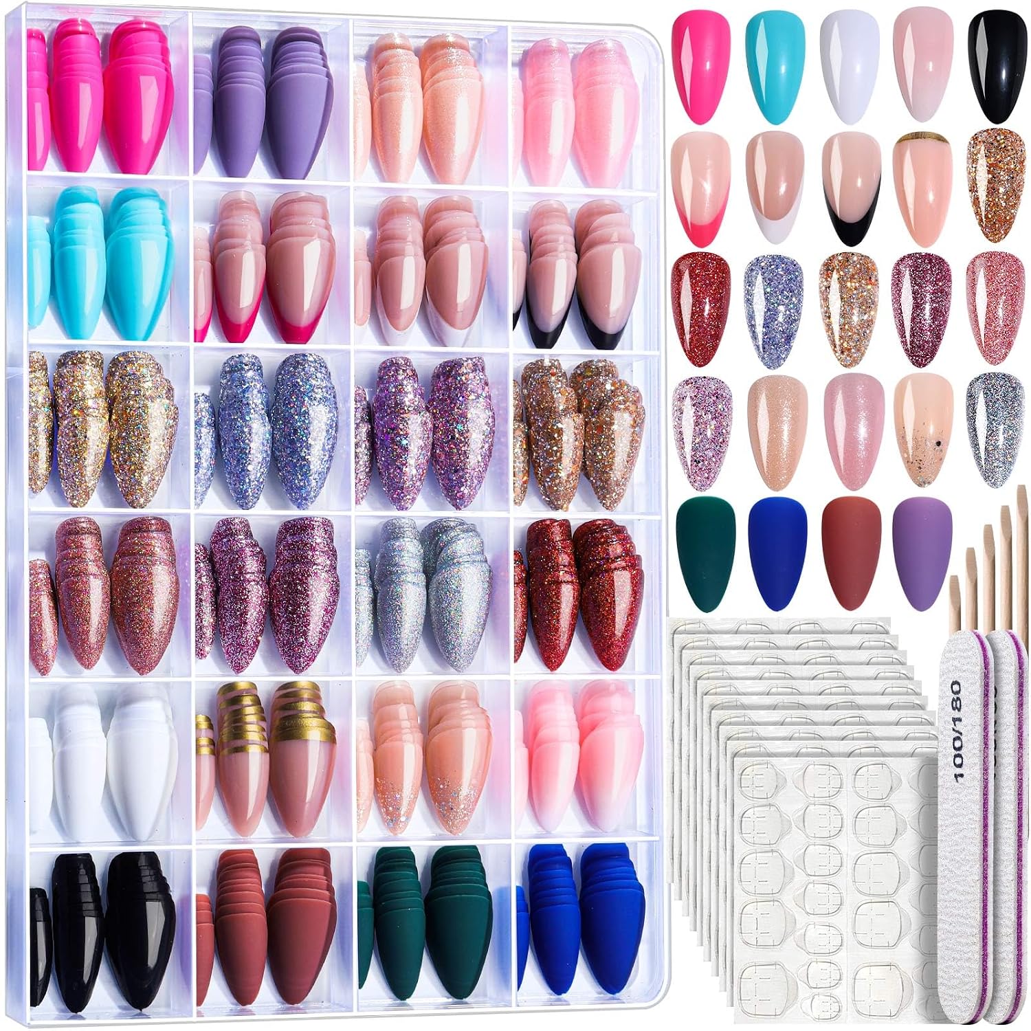 FANDAMEI Press on Nails, 24 Colors 576PCS Press on Nails Almond, Matte Glossy Press on Nails Short Almond, Glitter Fake Nails, Press on Nails French Tip Natural, Press on Nails for Nail Art