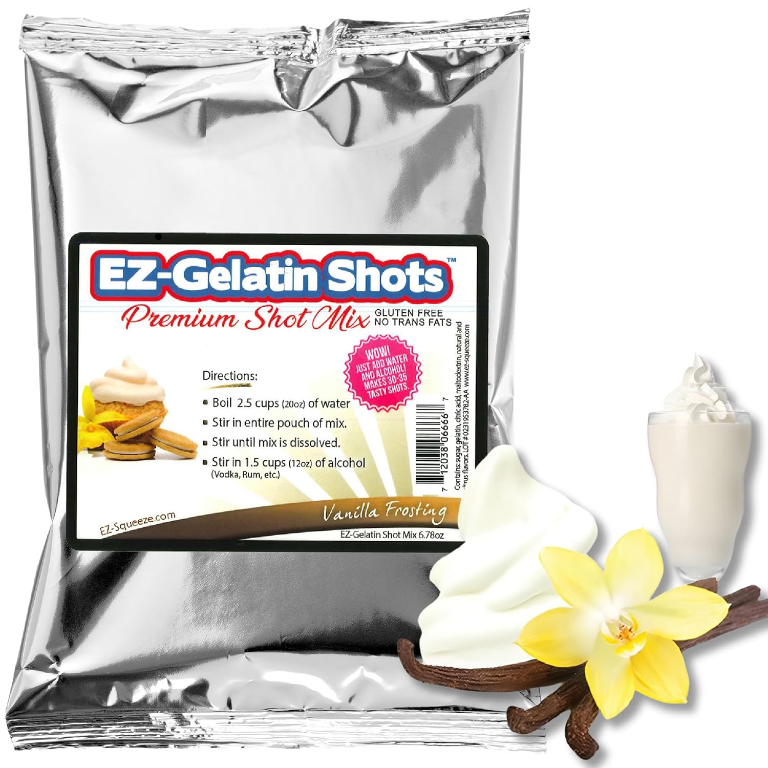 Vanilla Frosting Jello Shot Mix 6.78 oz - Premium Gluten-Free Jello Mix for Tasty Jello Shots - Easy to Make EZ Gelatin Powder Mix for Jello Shots - Adult New Year and Holiday Party Supplies