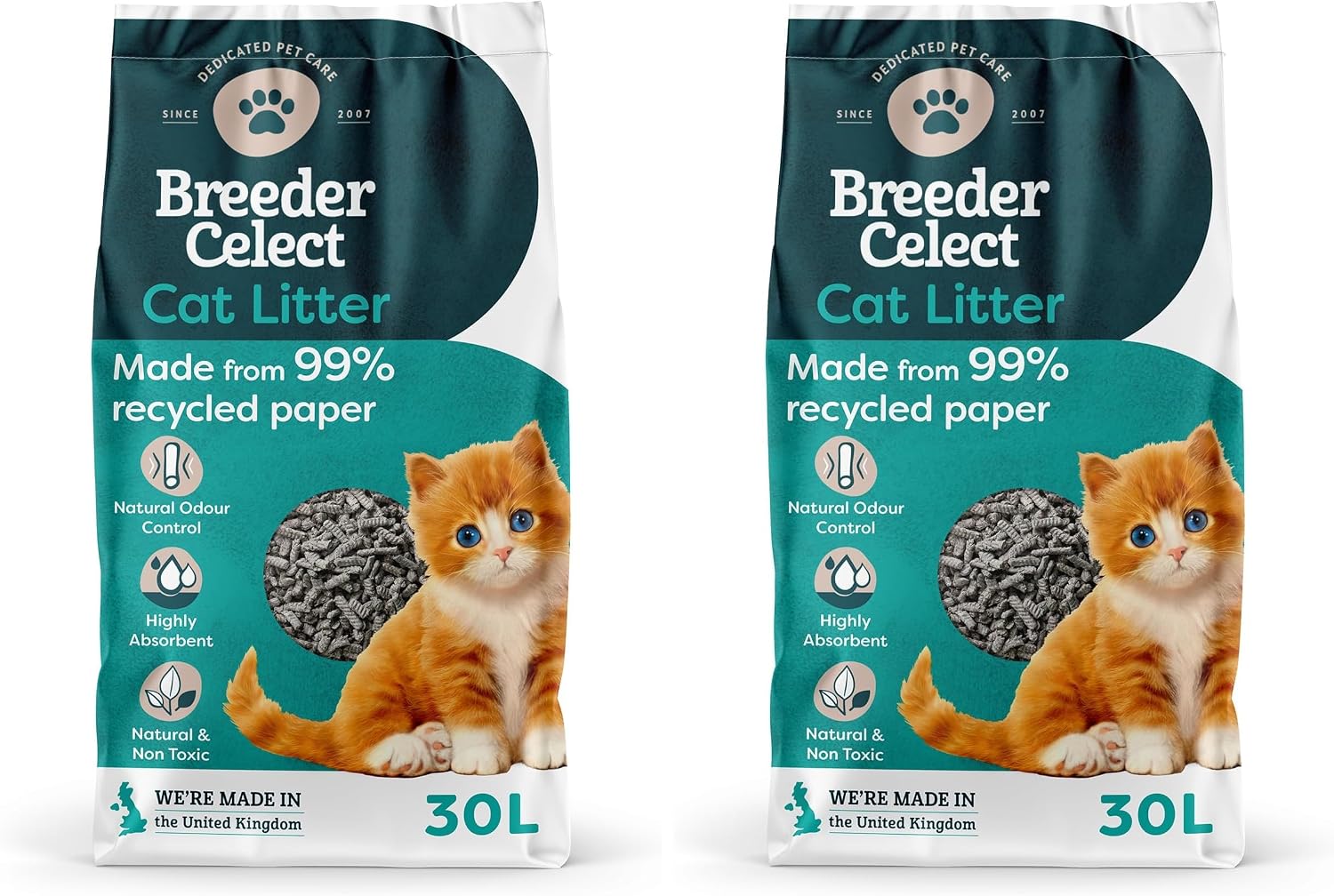 Breeder Celect All-Natural Cat Litter (30L) – 99% Recycled Paper, Highly Absorbent Kitten Cat Litter/Bedding, Excellent Odour Control, Non-Clumping, Biodegradable & Compostable (Pack of 2)