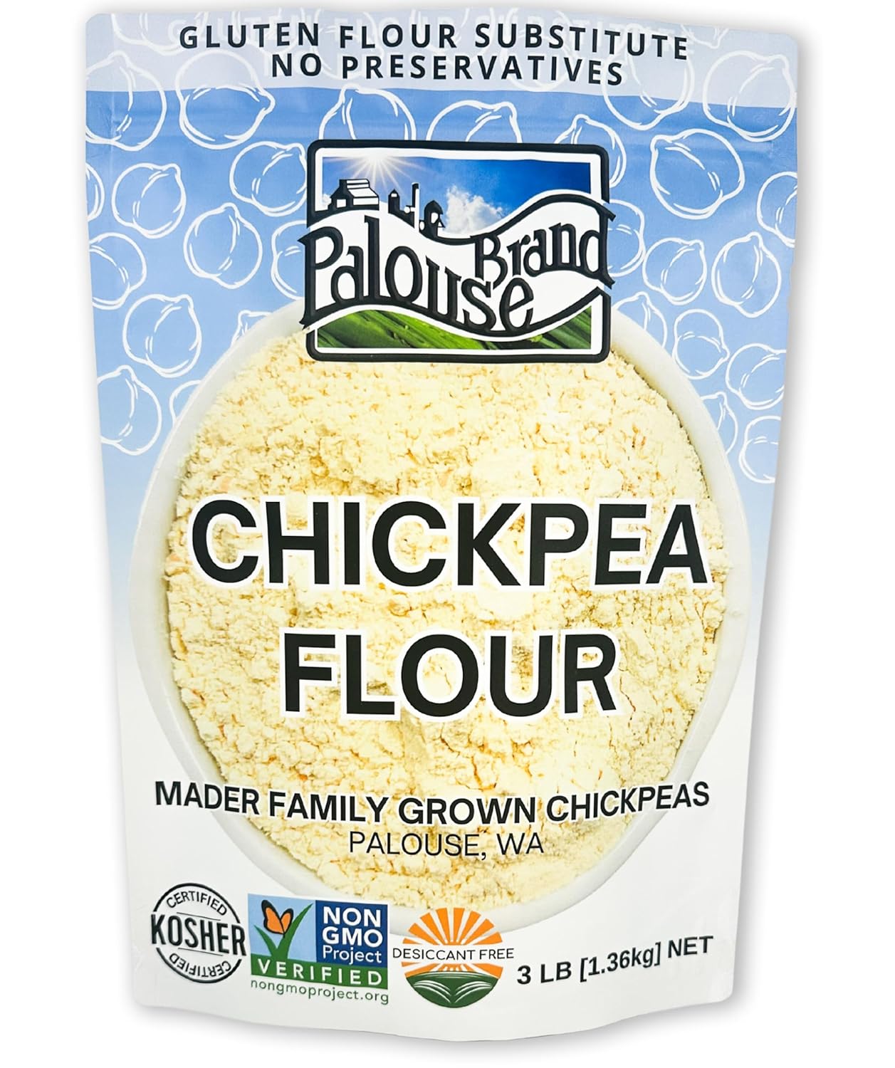 Certified Glyphosate Residue Free Unbleached Chickpea Flour | 3 LBS | Family Farmed in Washington State | 100% Desiccant Free | Non-GMO Project Verified | 100% Non-Irradiated | Certified Kosher | Garbanzo Bean Flour | Re-Sealable Bag
