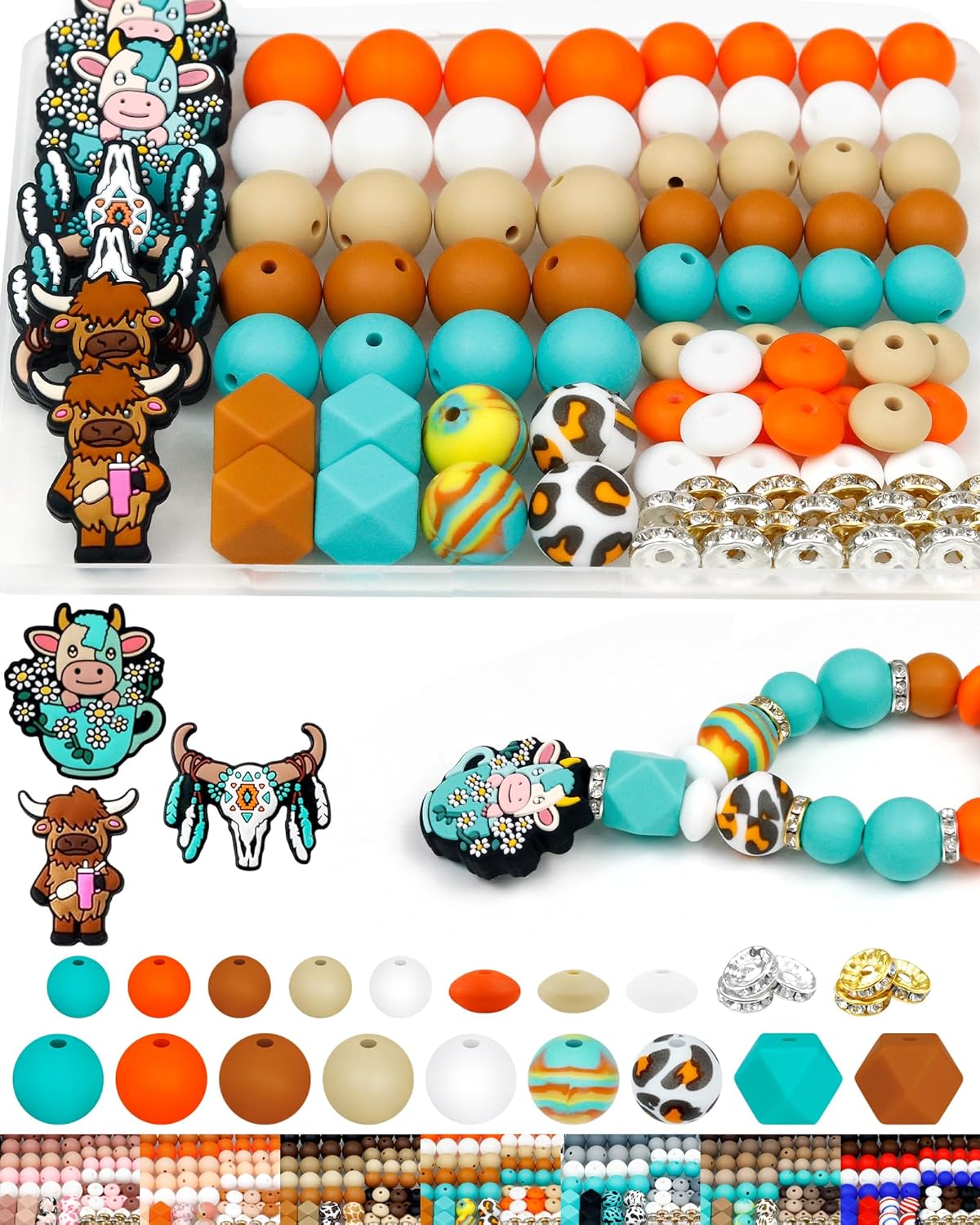 112PCS FIVEIZERO 12mm 15mm Cow Focal Silicone Beads for Keychain Making, Round, Lentil, Hexagonal, Print, 10mm Rhinestone Rondelle Spacers Beads for Bracelet, Pens, Necklace Crafts(Orange Green)