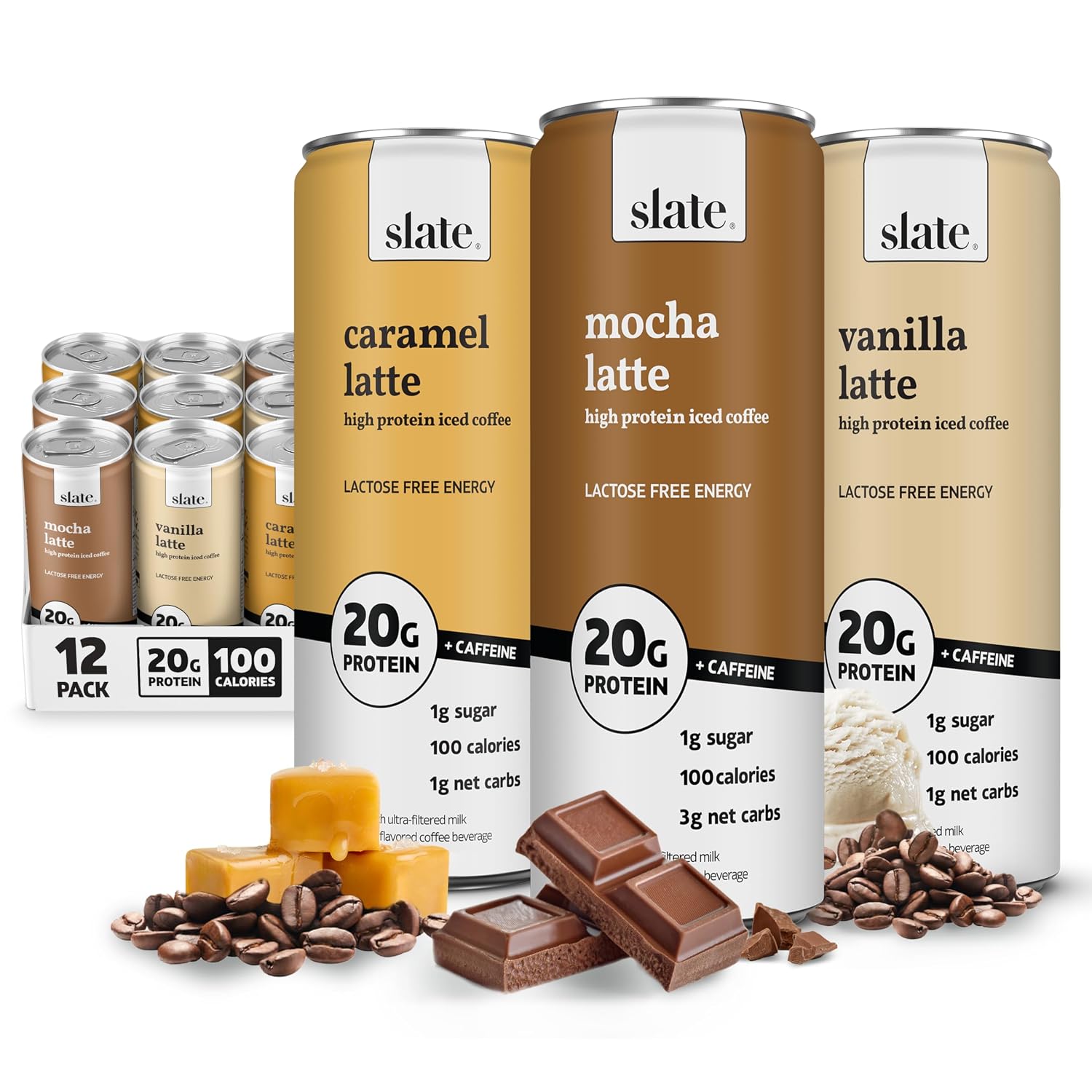 Slate Milk High Protein Iced Coffee Energy Variety Pack (12 Cans) 3 Flavors | 3 Caramel, 3 Mocha, and 3 Vanilla Latte Flavors - 175mg Caffeine - Lactose Free - 20g Protein - 1g Sugar - 12 Cans, 11 fl oz