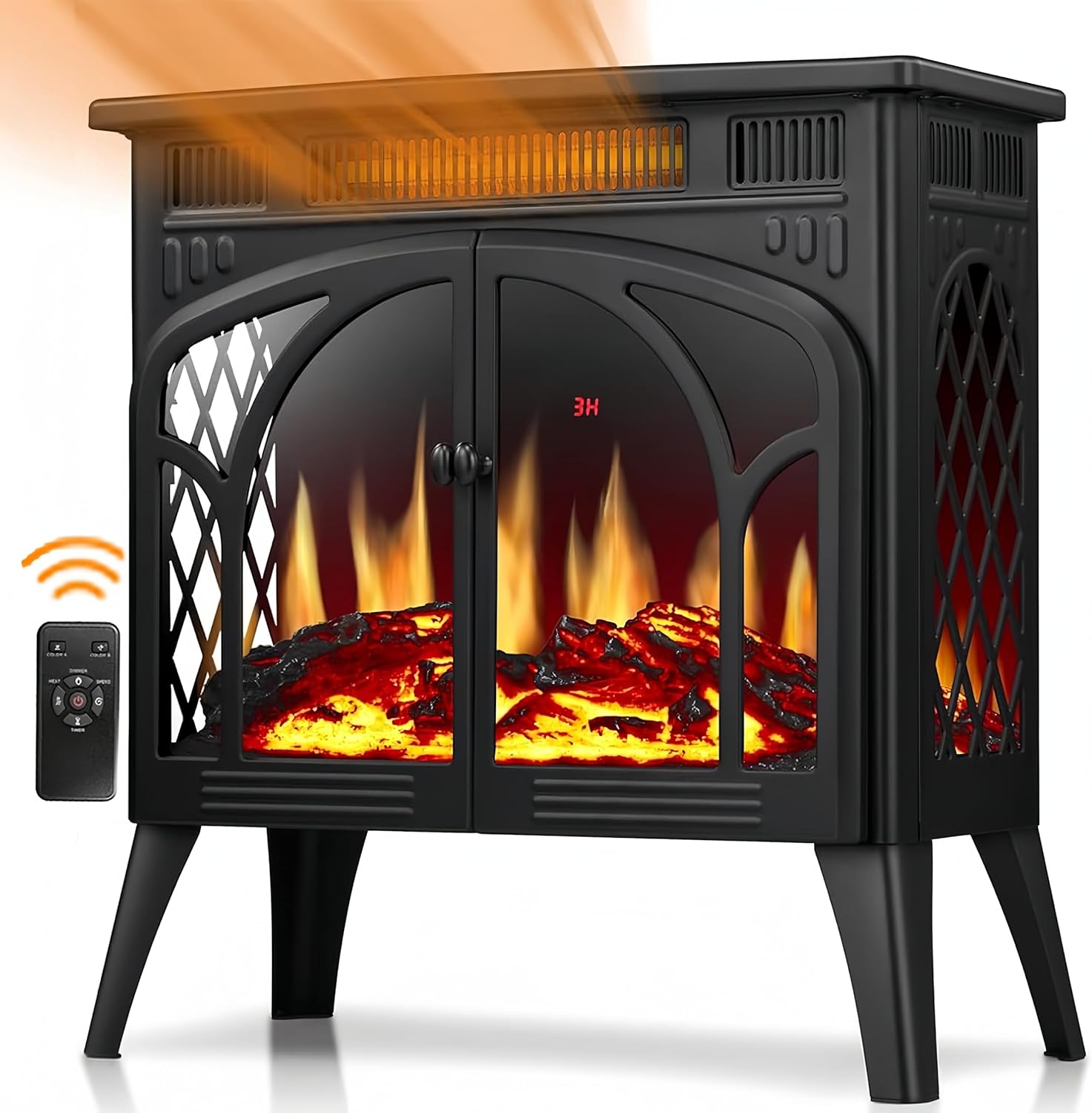Joy Pebble Electric Fireplace Stove Heater, Freestanding Electric Fireplace, Fireplace Heater with 3D Logs and Realistic Flame,Adjustable Brightness and Color, 5100btu Max 1500w,Black
