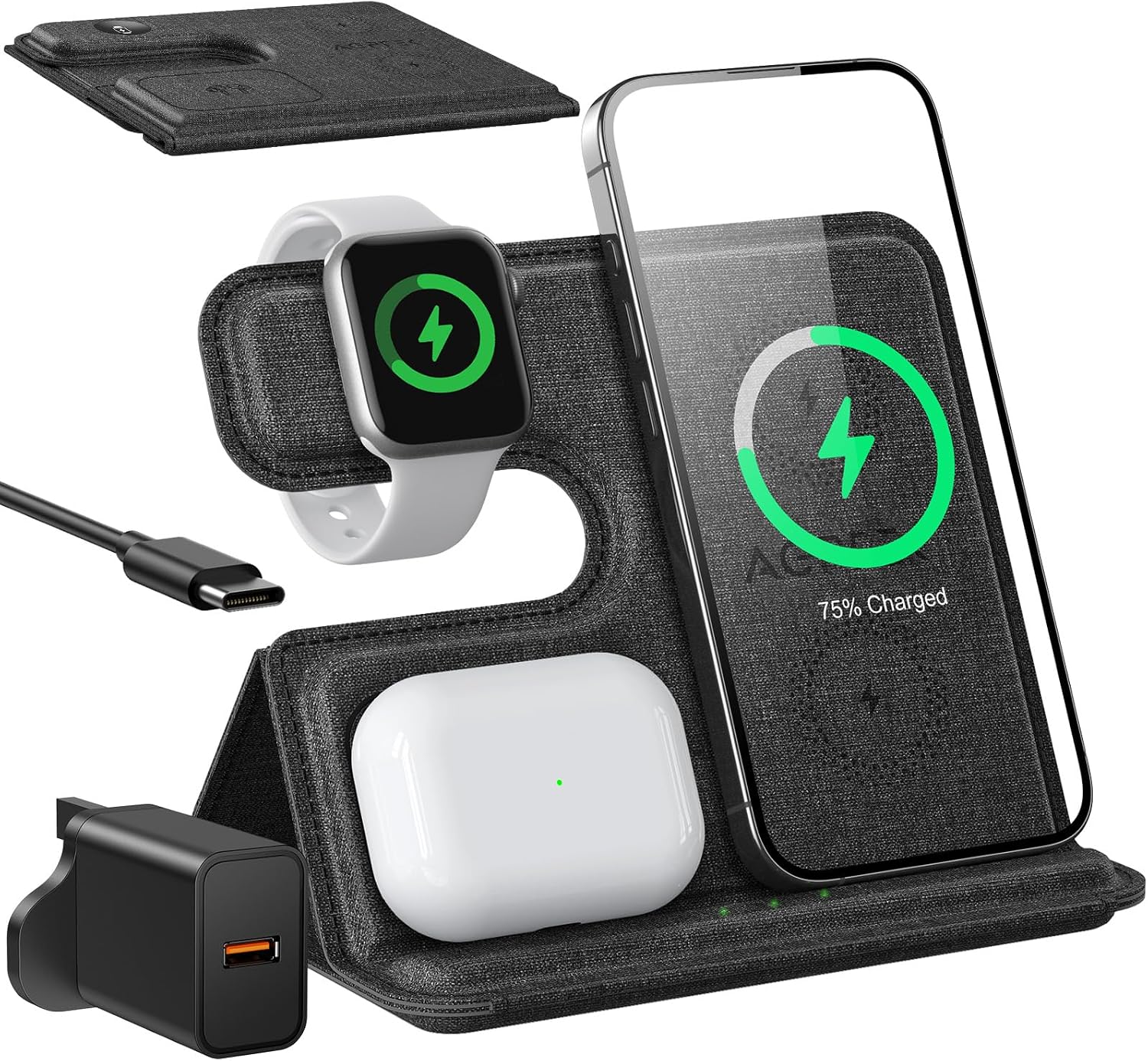 AGPTEK 3 in 1 Wireless Charging Station, Foldable Travel Wireless Charger Anti-Slip Compatible with iPhone 15/14/13/12/11/XR/XS/X/8, for Samsung S24/S23/S22/S21/S20, iWatch 2-9/AirPods, 18W Adapter
