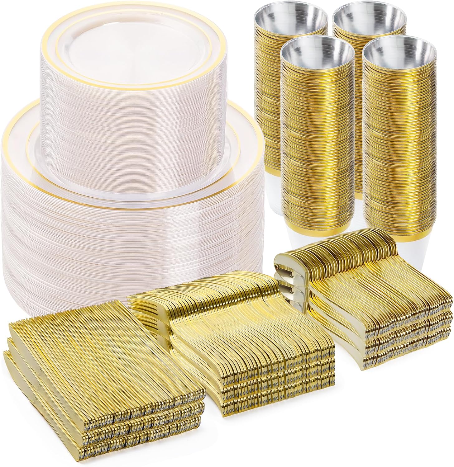 600PCS Plastic Dinnerware Set (100 Guests), Clear Gold Disposable Plates for Party, Wedding, Anniversary, Includes: Dinner Plates, Dessert Plates, Cups, Spoons, Forks and Knives