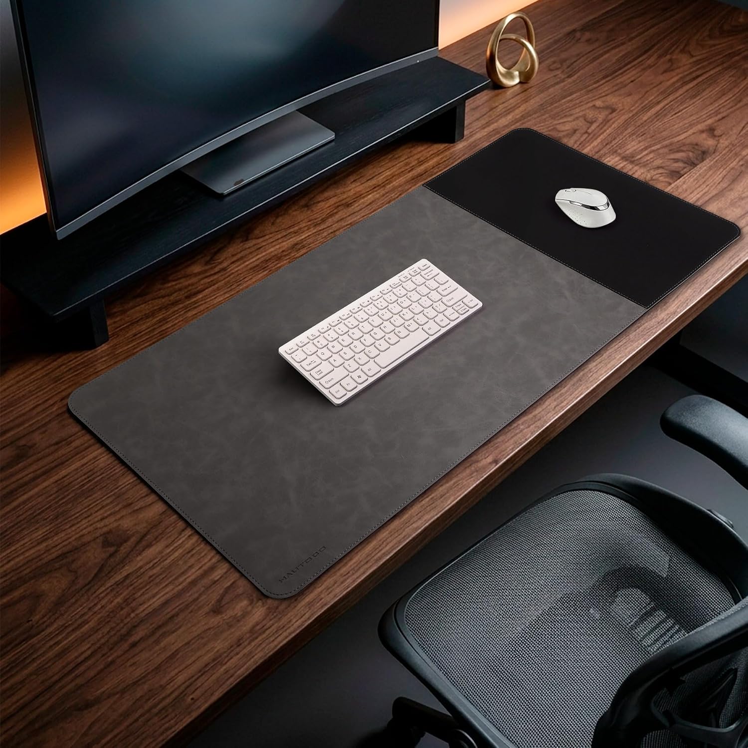 HAUTOCO Cork Desk Mat 36''x17'', Distressed PU Leather & Cloth Desk Pad