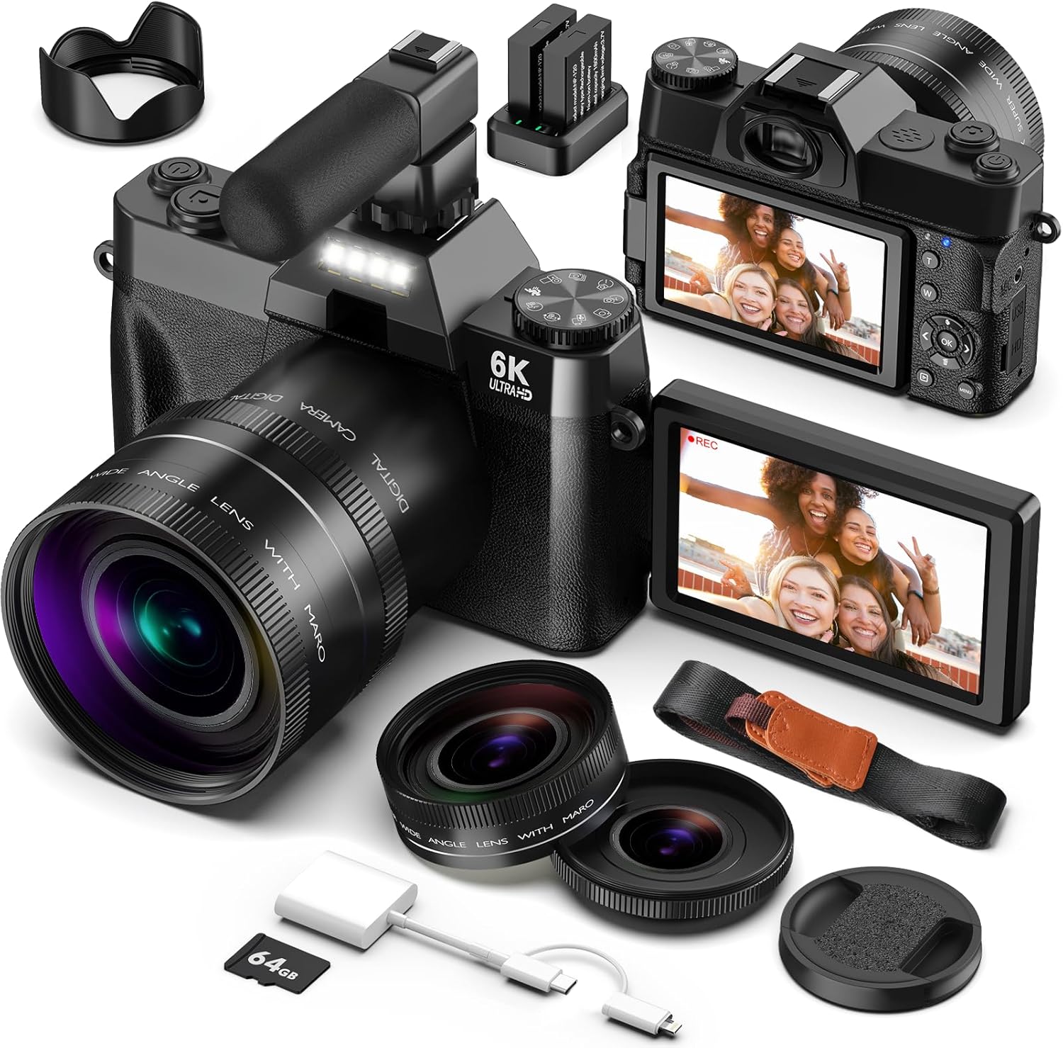 Digital Camera, 6K 64MP Cameras for Photography and Vlogging with WiFi, 64GB SD Card, Microphone, Autofocus Portable Compact Photo Camera for YouTube, Travel, Beginners, Macro Wide-Angle Lens