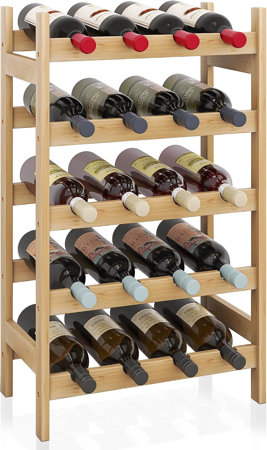 SMIBUY Bamboo Wine Rack, 20 Bottles Display Holder, 5-Tier Free Standing Storage Shelves for Kitchen, Pantry, Cellar, Bar (Natural)