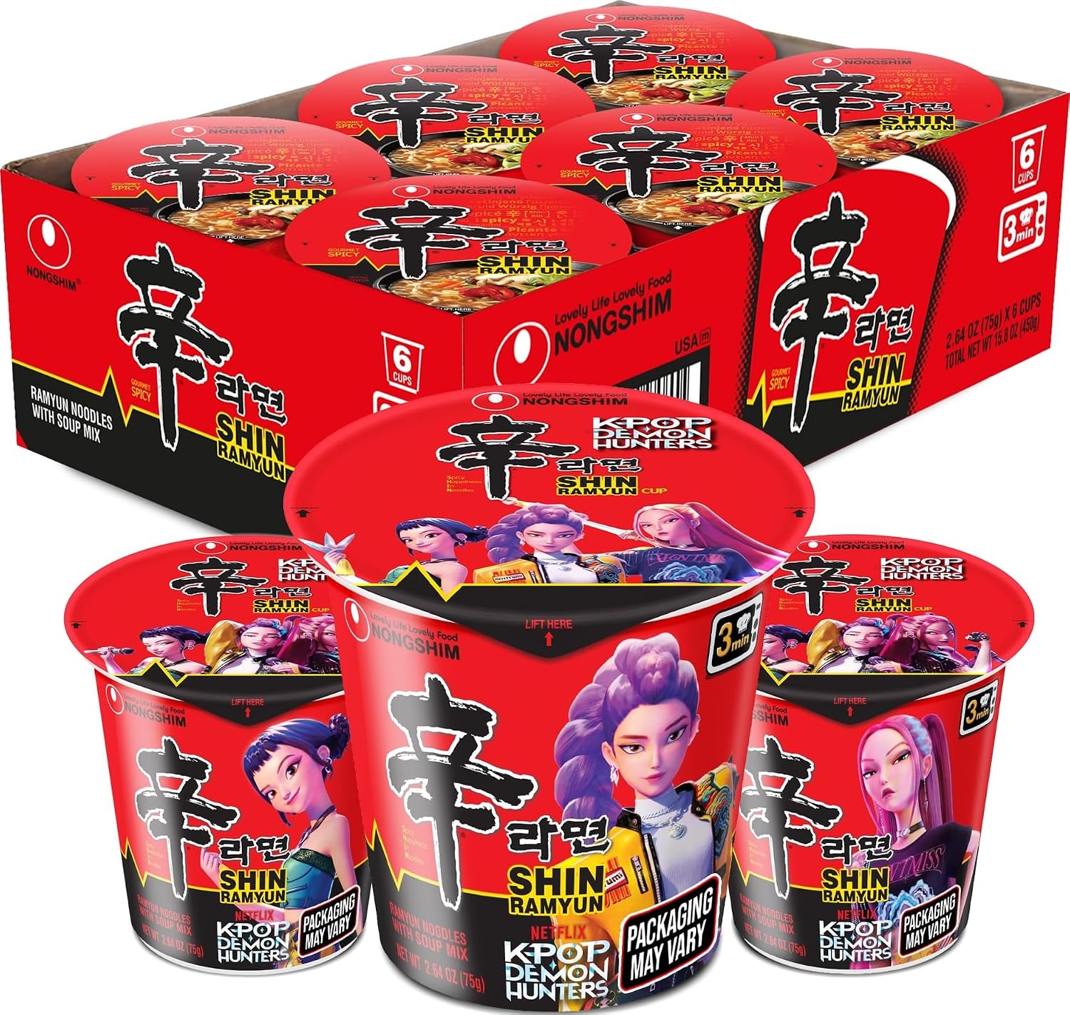 Nongshim Shin Ramyun Cup of Noodles, Spicy Signature Korean Instant Ramyun, Rich Beef Flavored Broth, Quick and Easy, Microwaveable Cup, 2.64 oz (Pack of 6)
