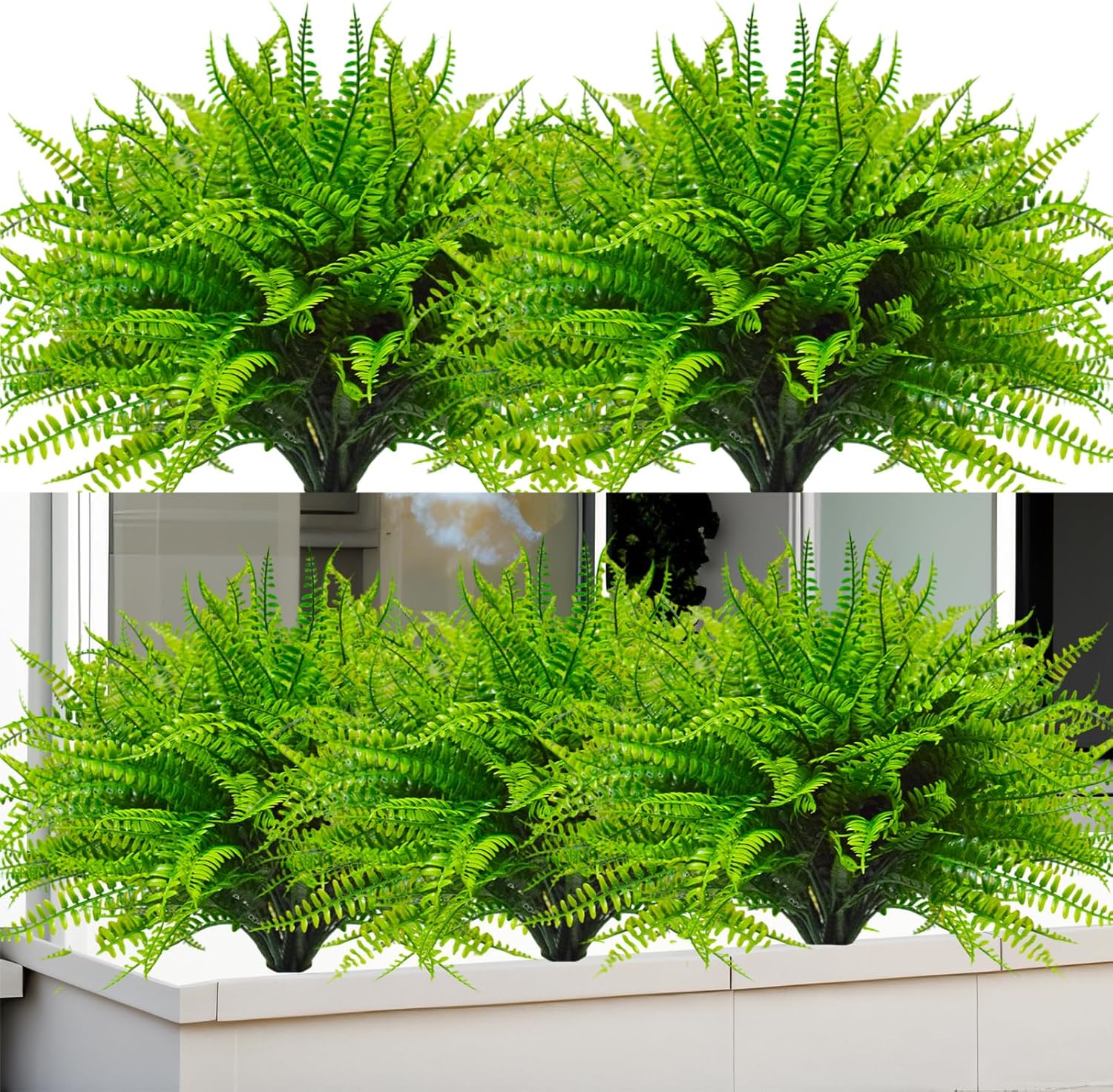 Kinisty Artificial Plants Outdoor 12 Bundles Fake Boston ferns, Plastic Greenery UV Resistant Faux Shrub Bushes for Garden Window Boxes Porch Planter Indoor Outside Decor