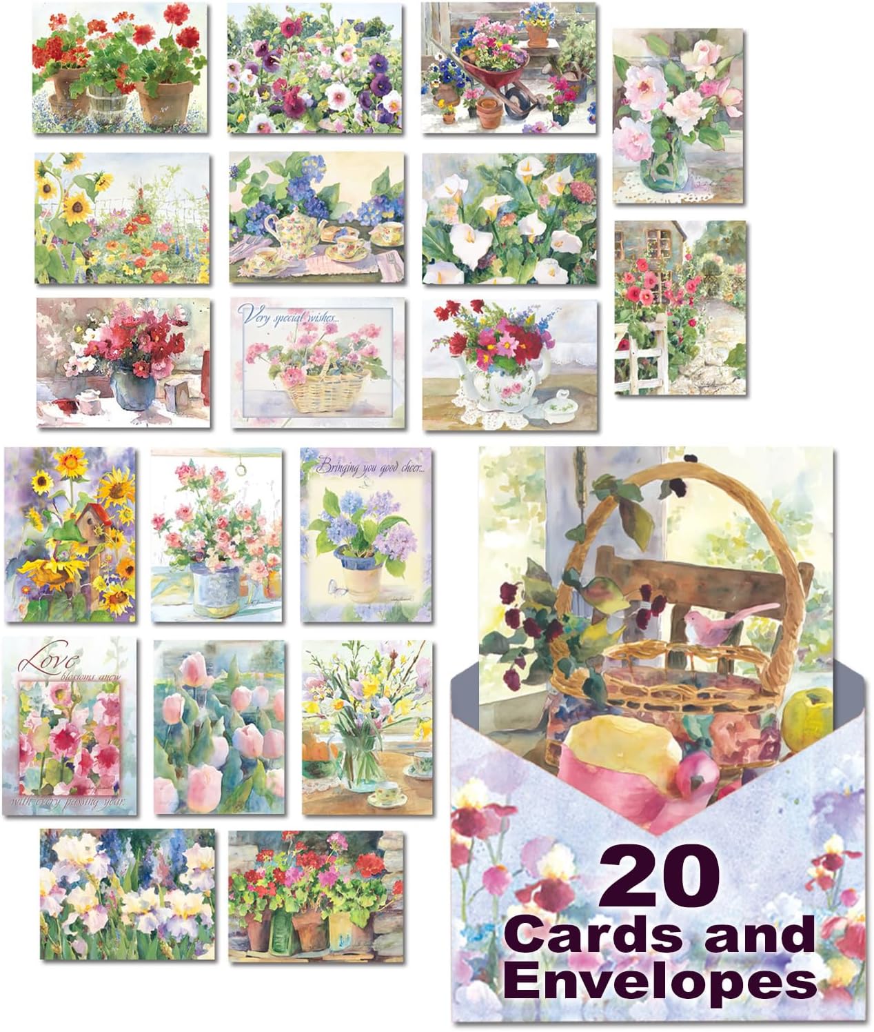 Leanin' Tree The Art of Judy Buswell - Made in USA - 20 All Occasion Cards Assortment Box with Envelopes, Greeting Cards Assortment Box, Includes Birthday, Blank Notecards, Thank You, Friendship