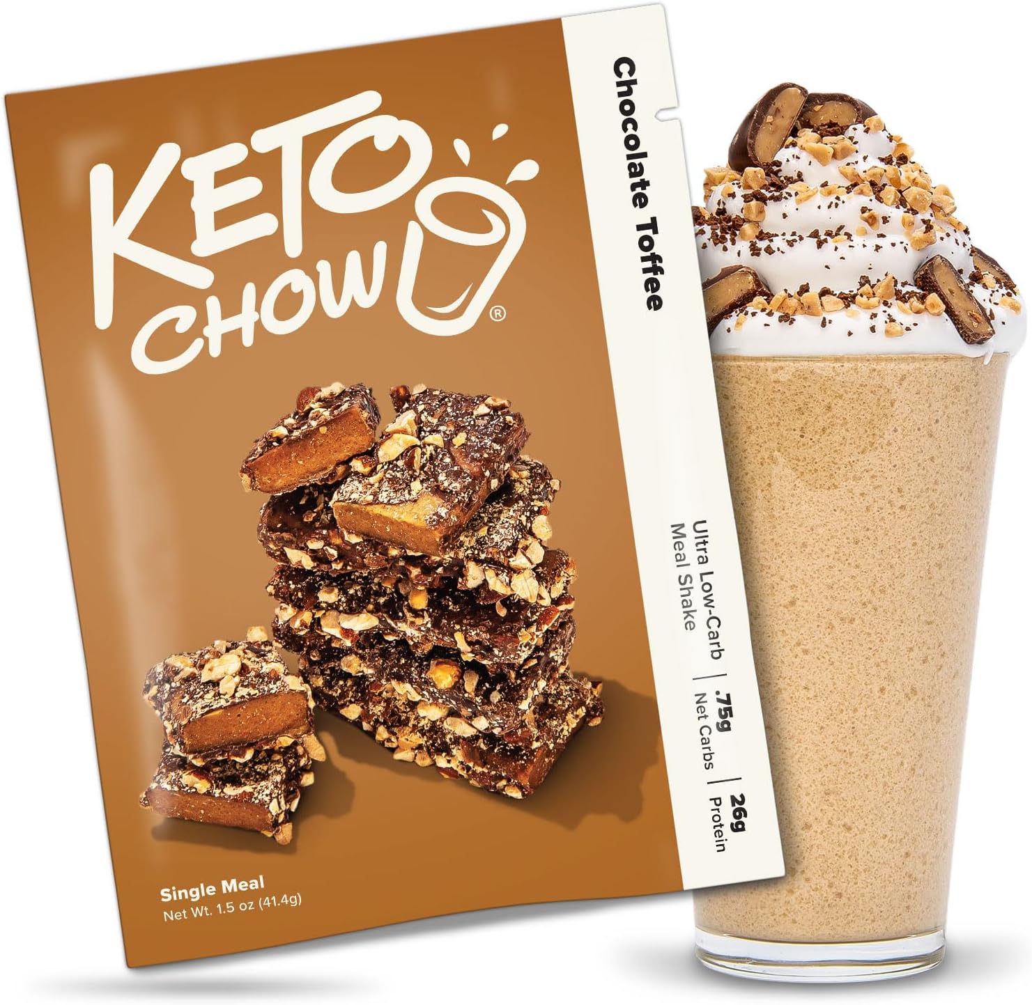 Keto Chow Chocolate Toffee - Keto Meal Replacement Shake Powder - Nutritionally Complete - Low Carb - Delicious Easy Meal Substitute - Protein Rich You Choose The Fat - Single Meal Sample