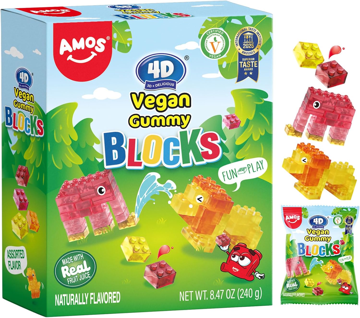 AMOS Vegan Gummy Blocks, Assorted Naturally Flavoured Candy Sweets 240g