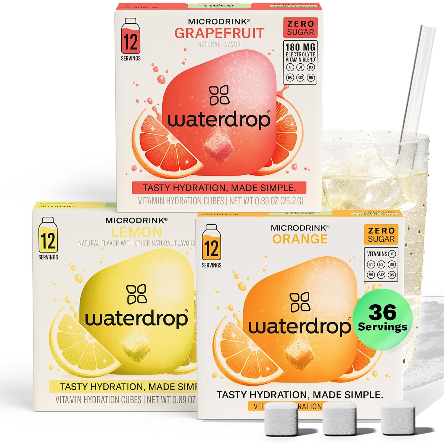 Waterdrop Hydration Cubes with Vitamin C, B3, B5 & Electrolytes, Orange, Lemon & Grapefruit Flavor Variety Pack, Flavored Water Enhancer Cubes for Still & Sparkling Water, Sugar Free, Vegan, 36 Count