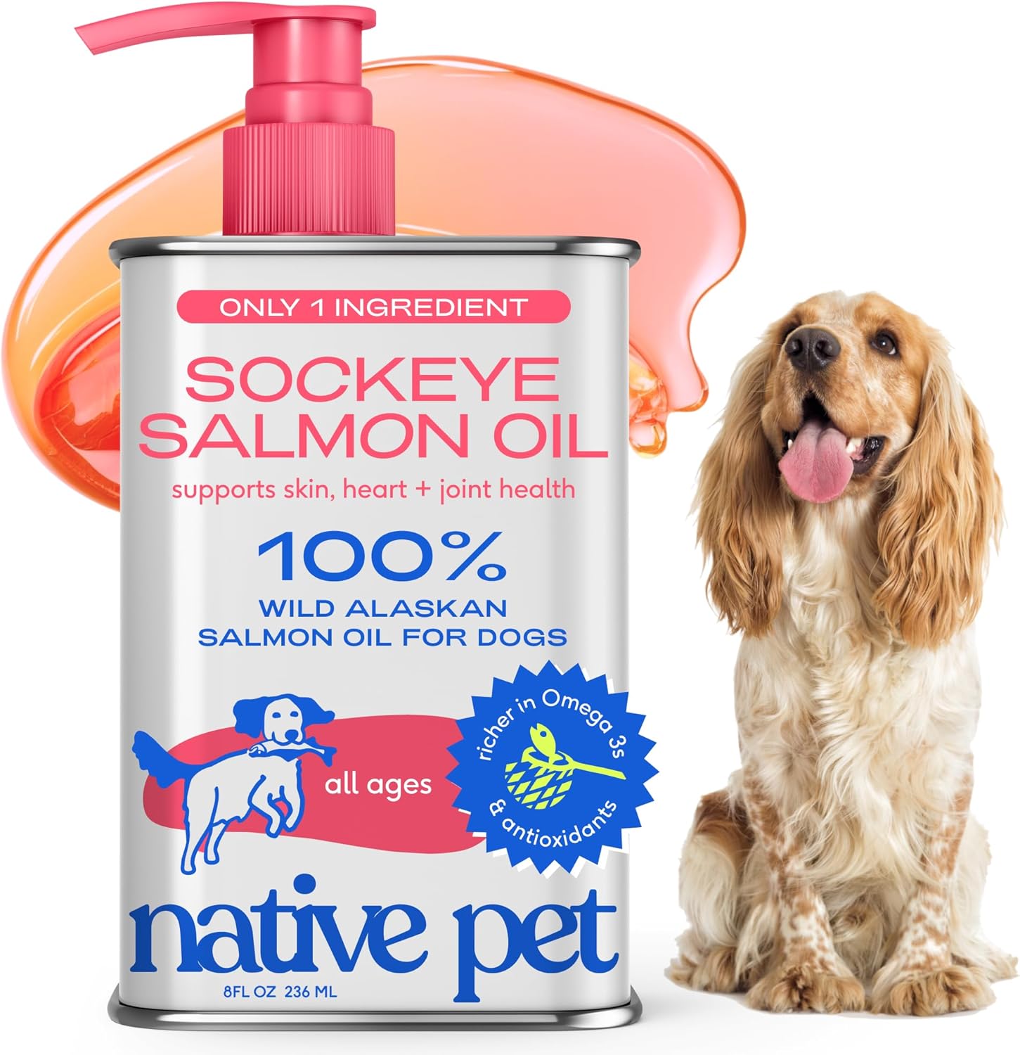 Native Pet Salmon Oil for Dogs & Cats – Pure Omega-3 Fish Oil for Dogs Supplement for Skin & Coat, Joint & Heart Health - Dog Anti-Inflammatory – 100% Wild-Caught Alaskan Sockeye Salmon – 8 oz
