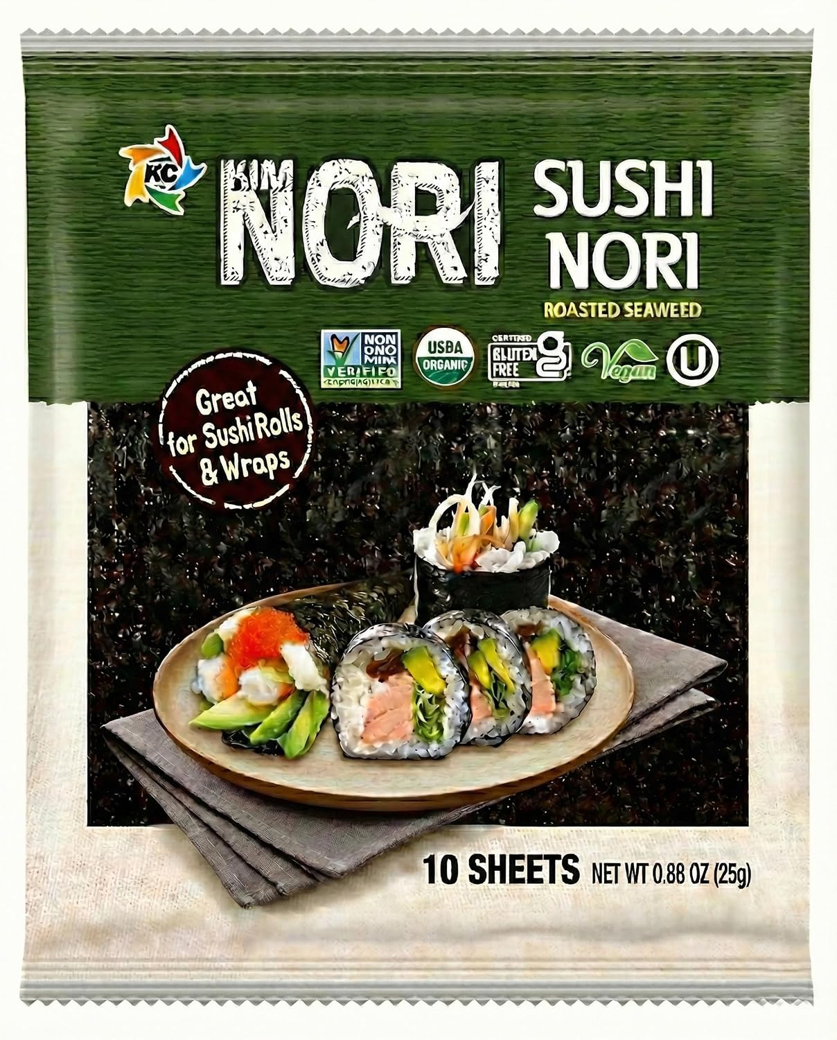 Kimnori Organic Roasted Seaweed Sushi Nori Sheets (10 sheets, 25g) – Professional Grade Full Size Nori for Sushi & Kimbap – California Crafted, Keto & Vegan Superfood – USDA Organic, Non-GMO & Gluten-Free