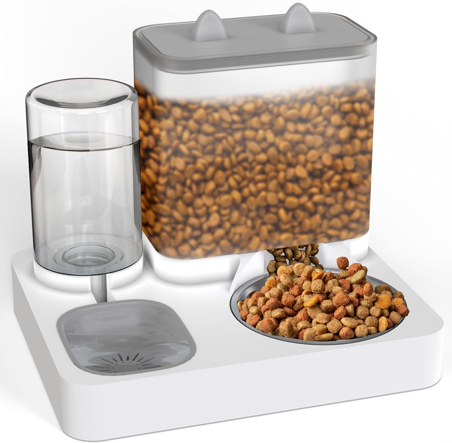 2 in 1 Automatic Pet Feeder, Food and Water Dispenser, for Small Cats And Dogs, 2.2L Food Feeder 1L Water Dispenser Gravity Dispenser Station for Home Travel Dark Grey