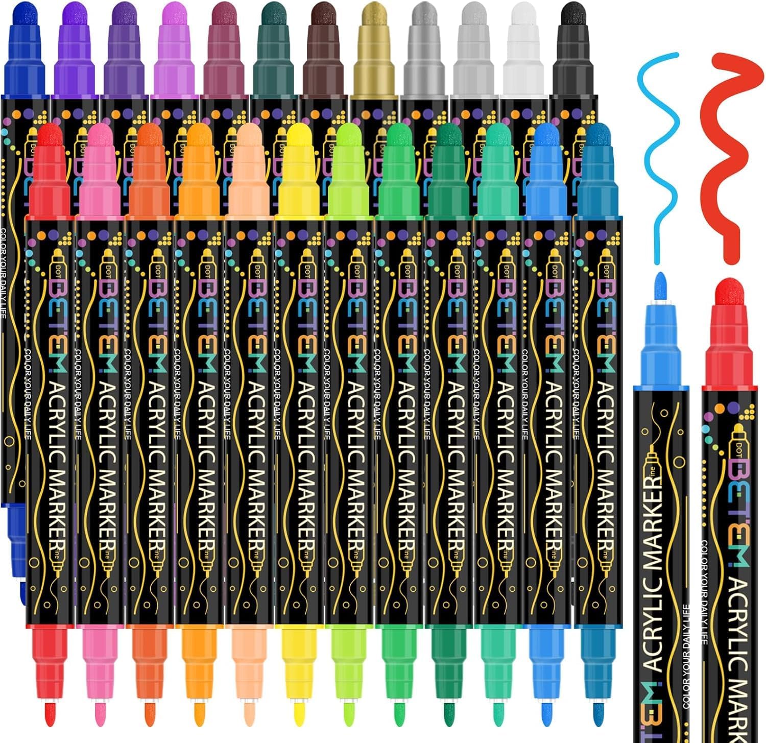 Betem 24 Colors Dual Tip Acrylic Paint Pens Markers, Premium Colouring Pens for Rock Painting, Wood, Canvas, Stone, Glass, Ceramic Surfaces, Pumpkin Painting Kit DIY Crafts Making Art Supplies