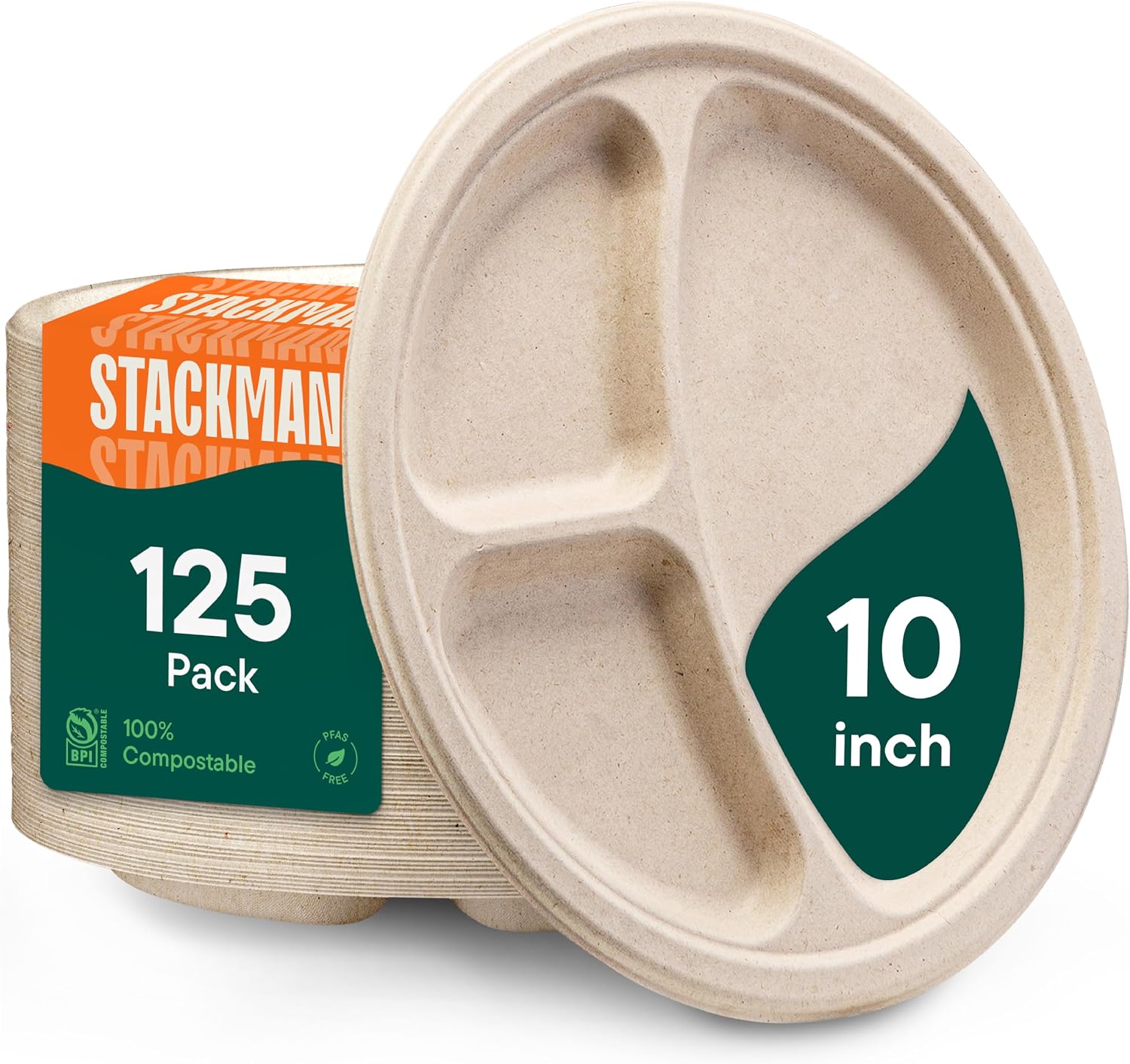 100% Compostable, 3 Compartment, Disposable Paper Plates [125-Pack] - [10 Inch] Heavy Duty Biodegradable Bagasse Sectional Lunch Trays + Dividers - Divided Platte Tray (PFAS Free) (BPA Certified)