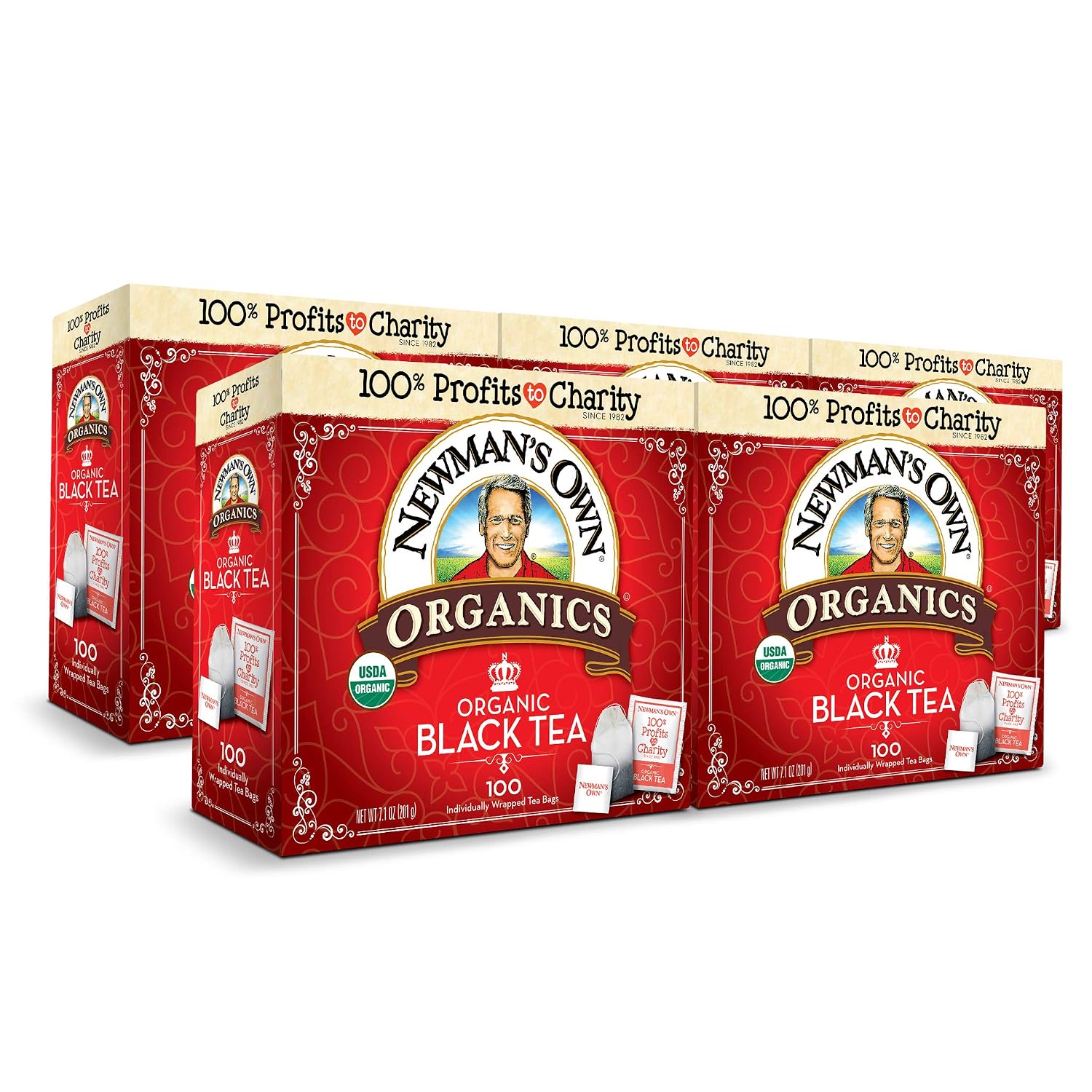 Newman's Own Organic Black Tea Helps Boost Immunity and Promotes Overall Wellbeing Strong Robust Black Tea with 100 Individually Wrapped Tea Bags Per Box (Pack of 5) USDA Certified Contains Caffeine Brew Hot/Cold