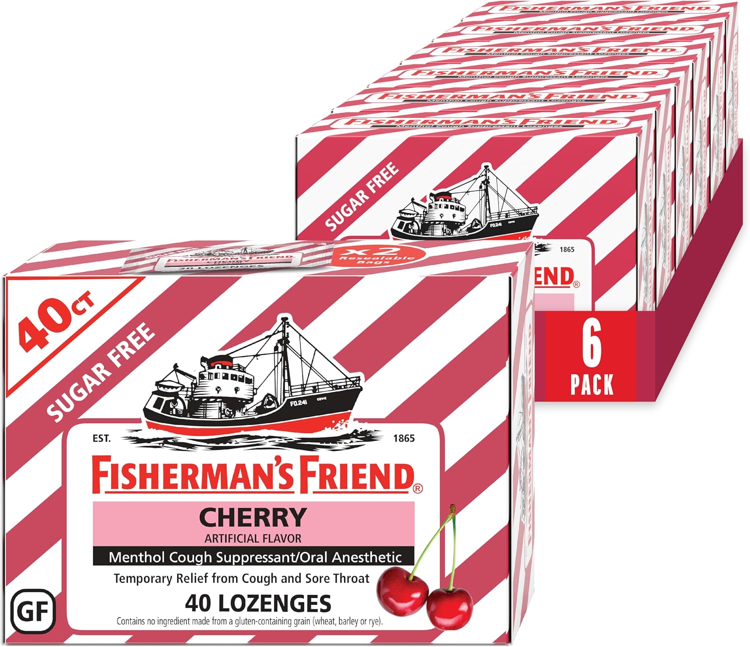 Cough Drops by Fisherman's Friend, Cough Suppressant and Sore Throat Lozenges, Cherry Sugar Free Menthol Flavor, 40 Count (6 Pack)
