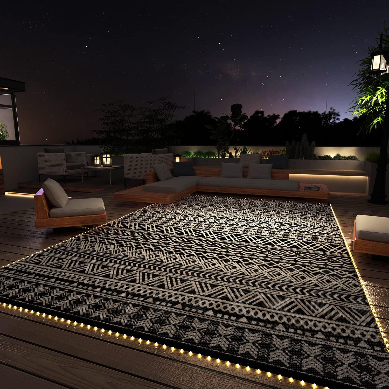 MontVoo-Outdoor Rug Carpet 8x10 ft for Patio RV Camping with Led Strip Lights Waterproof Plastic Straw Rug Reversible Portable Outside Indoor Outdoor Rug Mat for Patio Decor Balcony Picnic-Boho Rug
