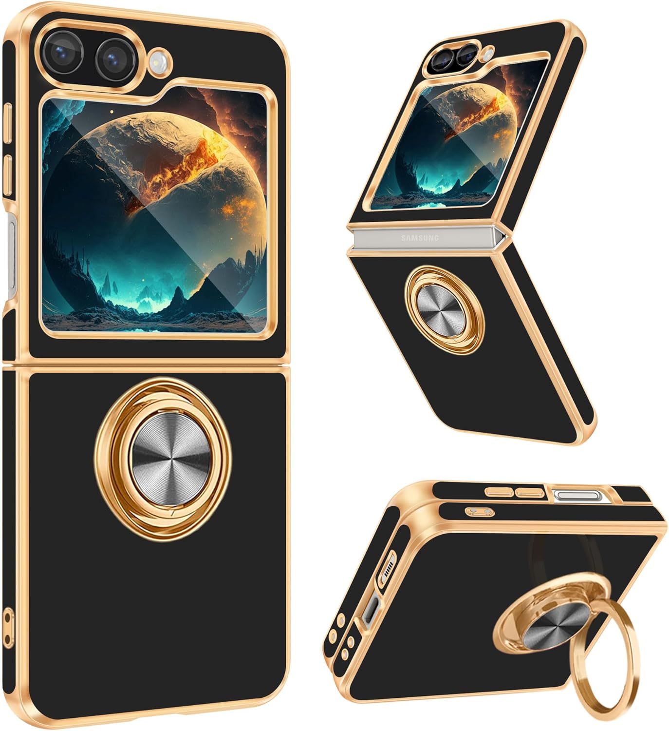 Fingic for Samsung Galaxy Z Flip 6 Case[with 360° Rotatable Ring Holder][Support Magnetic Car Mount]Shiny Plating Gold Slim Thin Soft TPU Shockproof Case for Samsung Z Flip 6 for Women Men,6.7”,Black