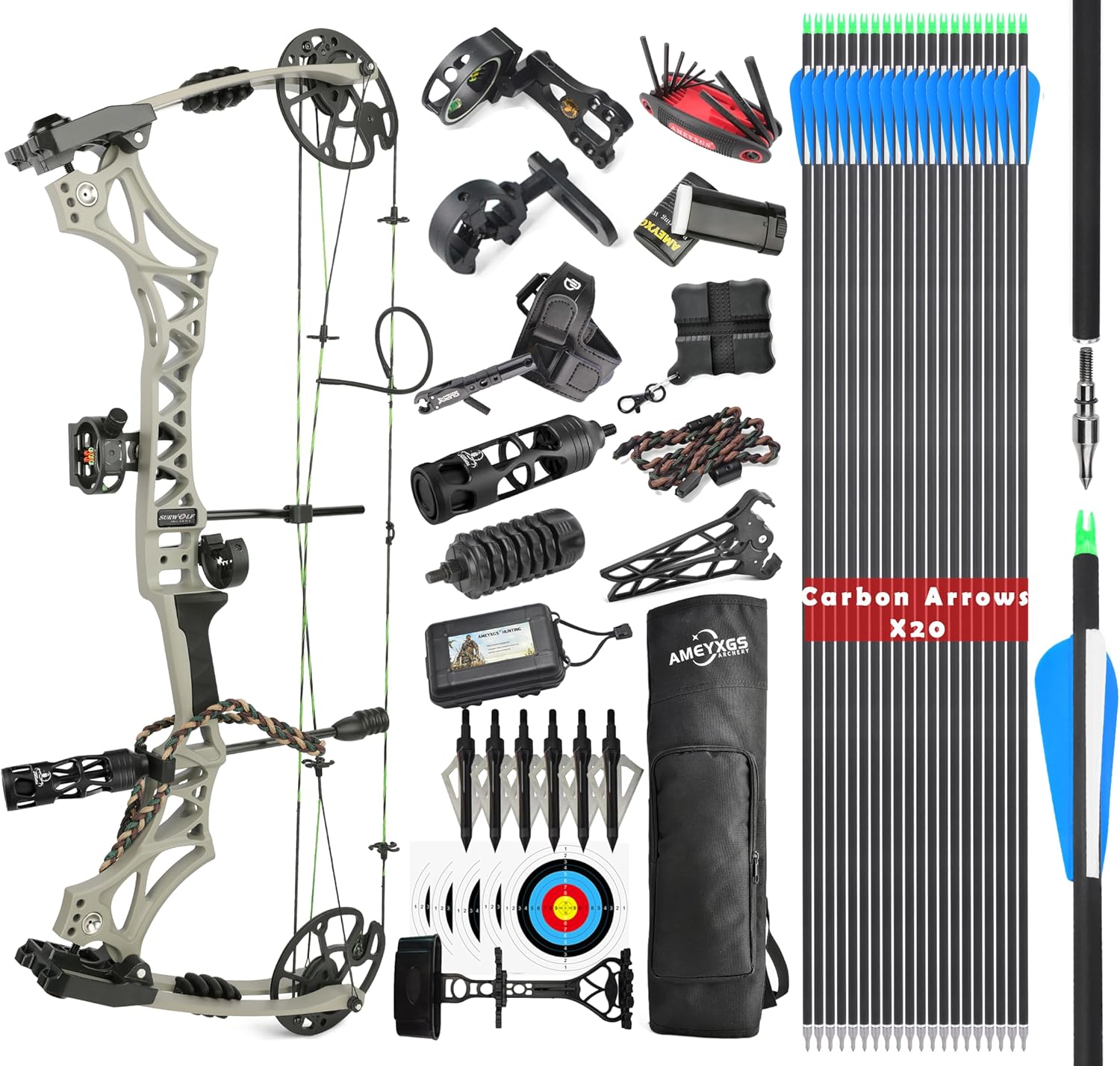 surwolf Compound Bow Kit, Hunting and Target, Limb Made in USA,Draw Weight 30-70 lbs Adjustable, Draw Length 19-31",up to IBO 320FPS Speed, Package with Archery Hunting Accessories