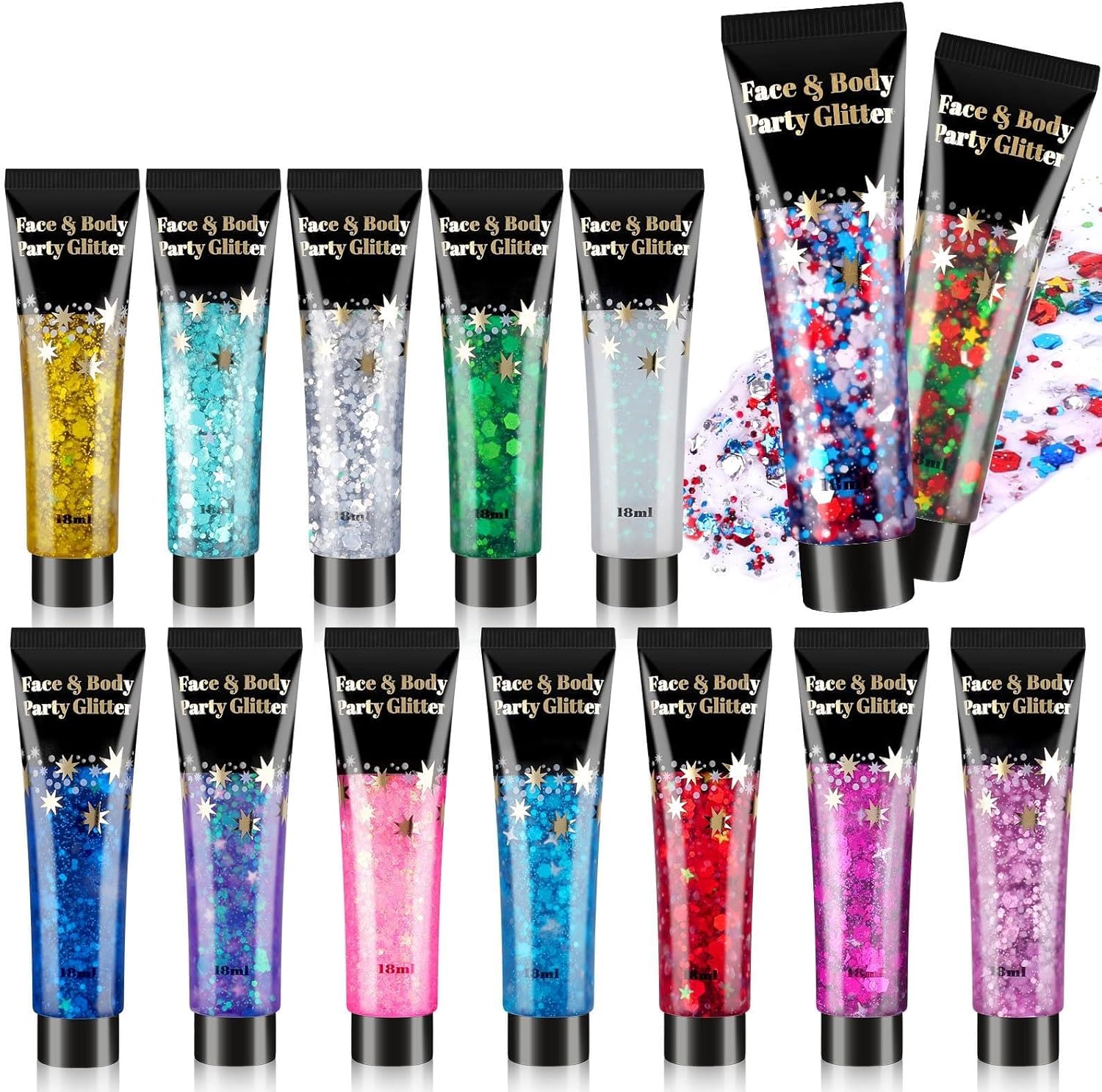 AROIC 14 Colors Body Glitter, Face & Hair Glitter Gel Set for Mardi Gras, Eye Shimmer for Women Glow in the Dark Rave Accessories Party Supplies, Face Paint Hair/Cheek/Eyelid Sparkle Makeup(18ml/Tube)