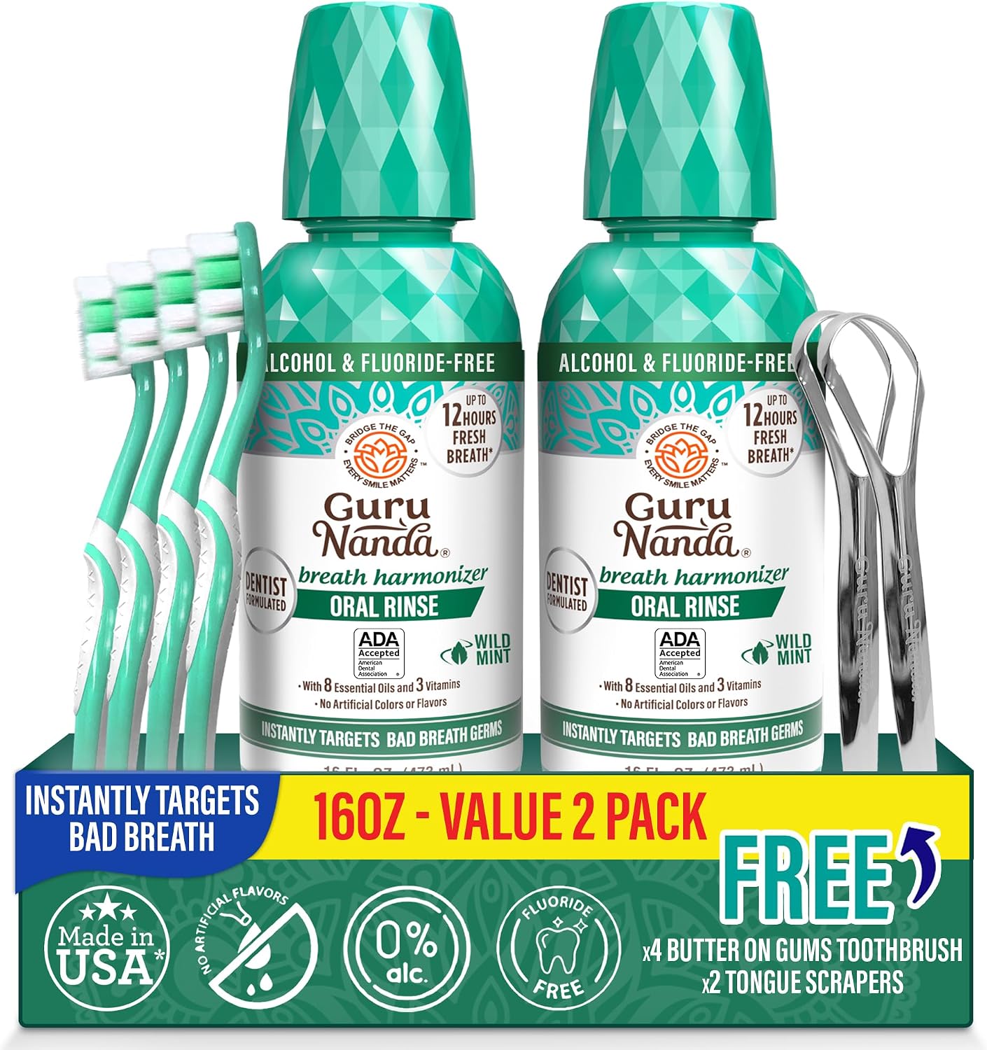 GuruNanda Fresh Breath Mouthwash – 12-Hour Fresh Breath & Helps Fight Bad Breath – ADA Accepted, Alcohol & Fluoride-Free Oral Rinse, Wild Mint - 16 oz, Pack of 2