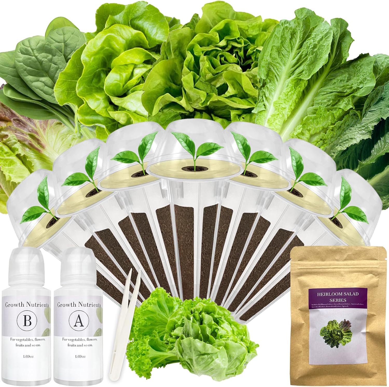 Salad Greens Seed Pod Kit for AeroGarden, idoo, Ahopegarden, MUFGA with Red and Green Leaf, Romaine and American Fast/Buttercrunch/Paris Island Lettuce, Spinach - Compatible with All Garden(7-Pod)
