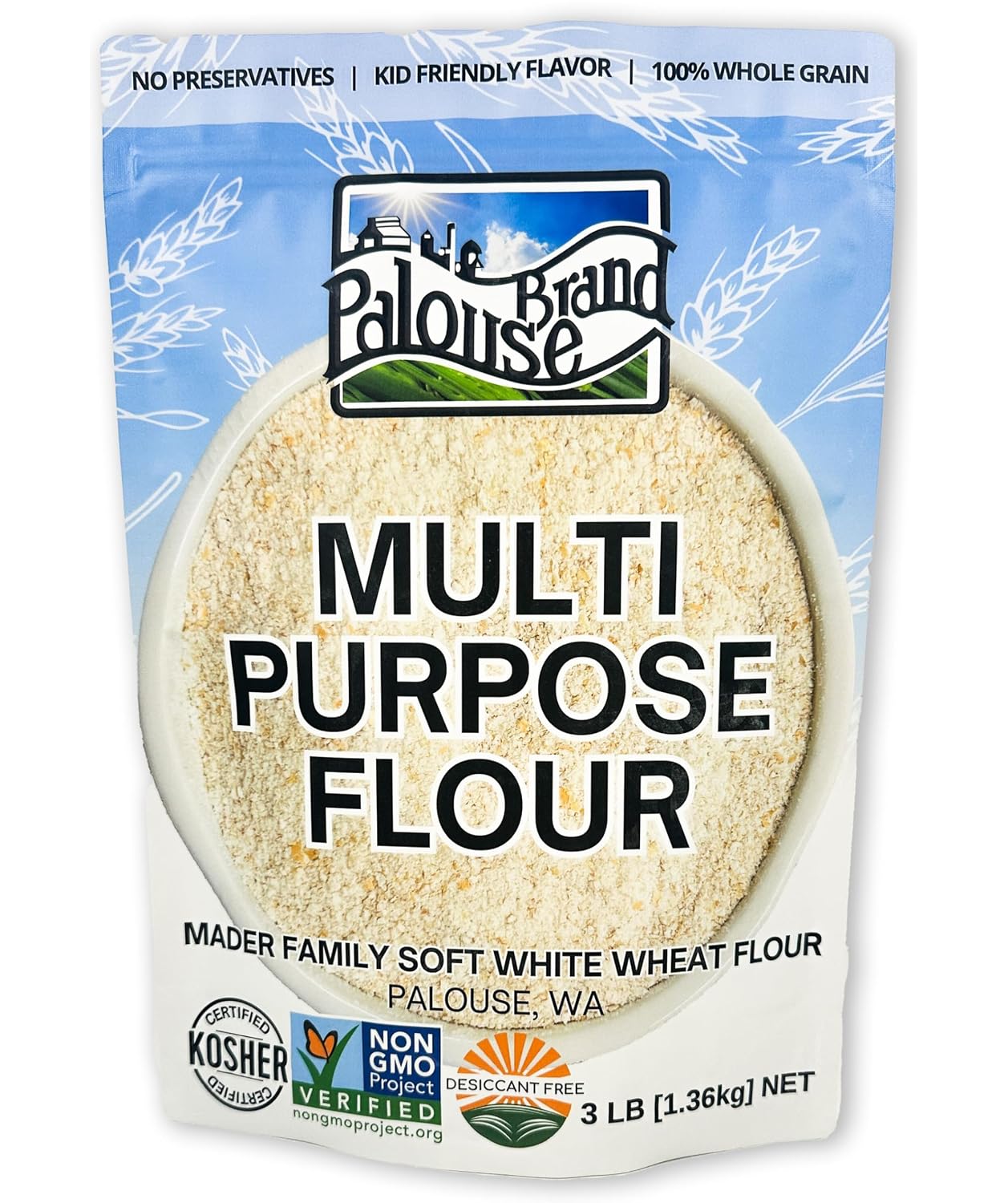 Certified Glyphosate Residue Free Unbleached Soft White Whole Wheat Flour | 3 LBS | All Purpose Flour | Non-GMO | 100% Non-Irradiated | Kosher | USA Grown | Field Traced | Resealable Bag