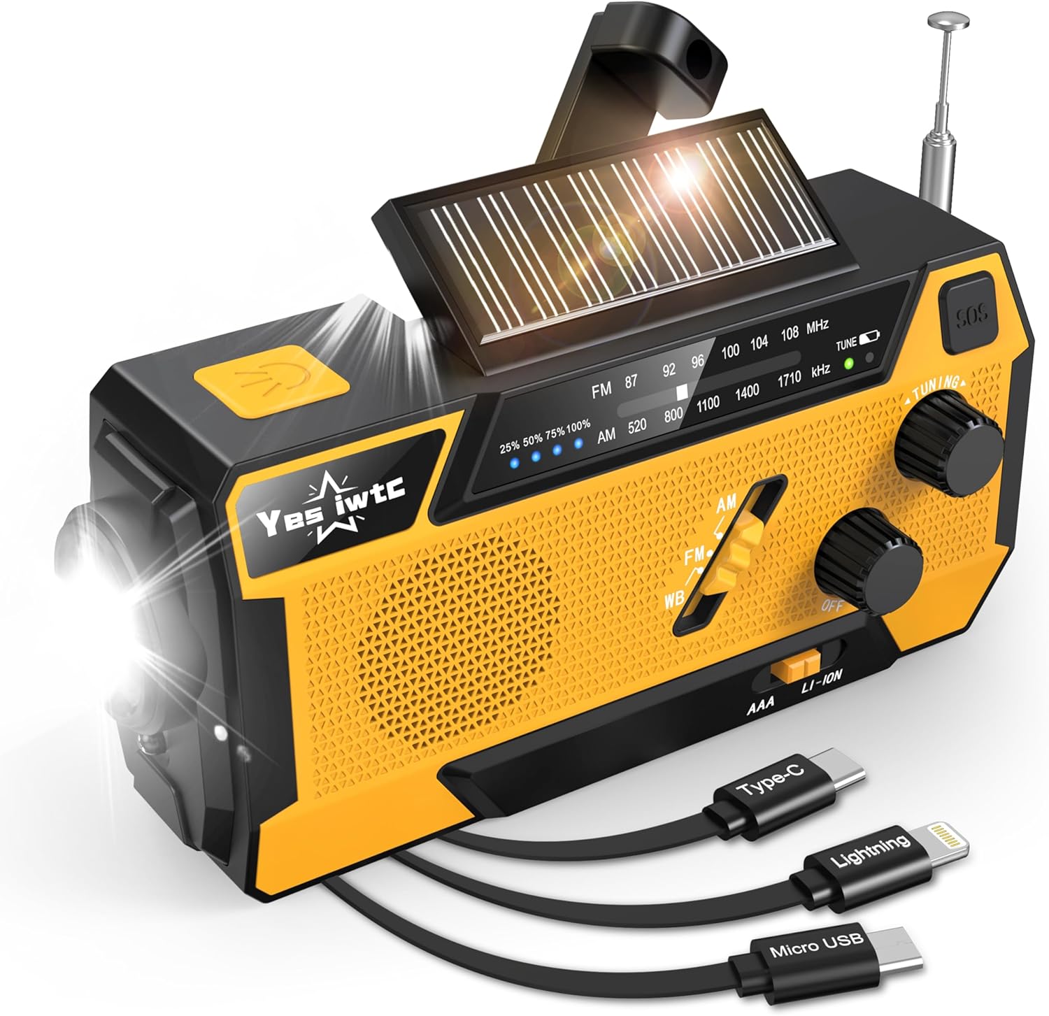 Hand Crank Emergency Radio NOAA Weather Radio 7400mWh Battery Operated 3 in 1 Charging Cable Hand Crank Charger with AM FM Portable Solar Powered Radio for Winter Storm Hurricane Survival Gear