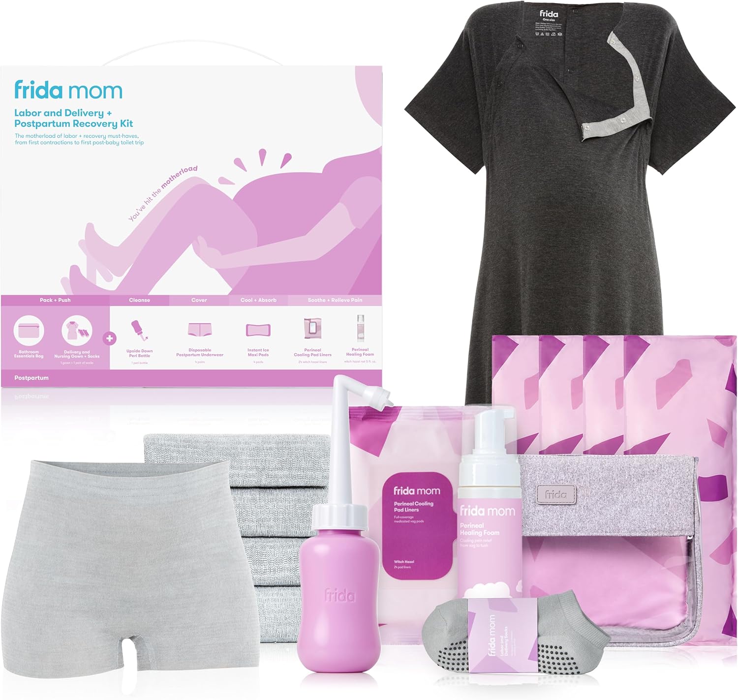 Frida Mom 15pc Labor & Postpartum Kit Gift Set for Baby Showers & Mom to Be, Includes Peri Bottle, Nursing Gown, Disposable Underwear, Ice Maxi Pads, Pad Liners, Perineal Foam, Socks & Toiletry Bag