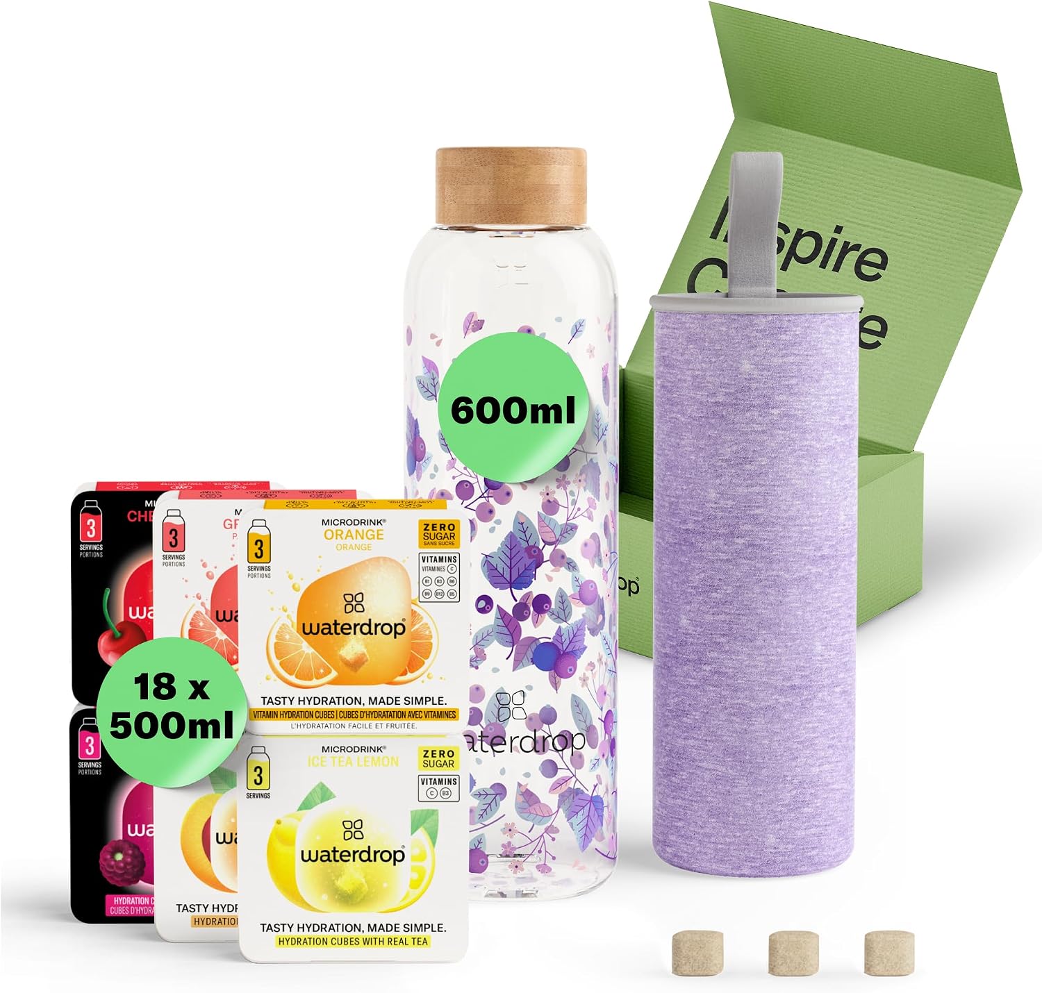 waterdrop® Glass Starter Set – 600ml Borosilicate Glass Bottle + 18 Sugar-Free Microdrink Hydration Cubes in 6 Flavours, Vitamin C & B Infused, BPA Free Water Bottle, Gift Set