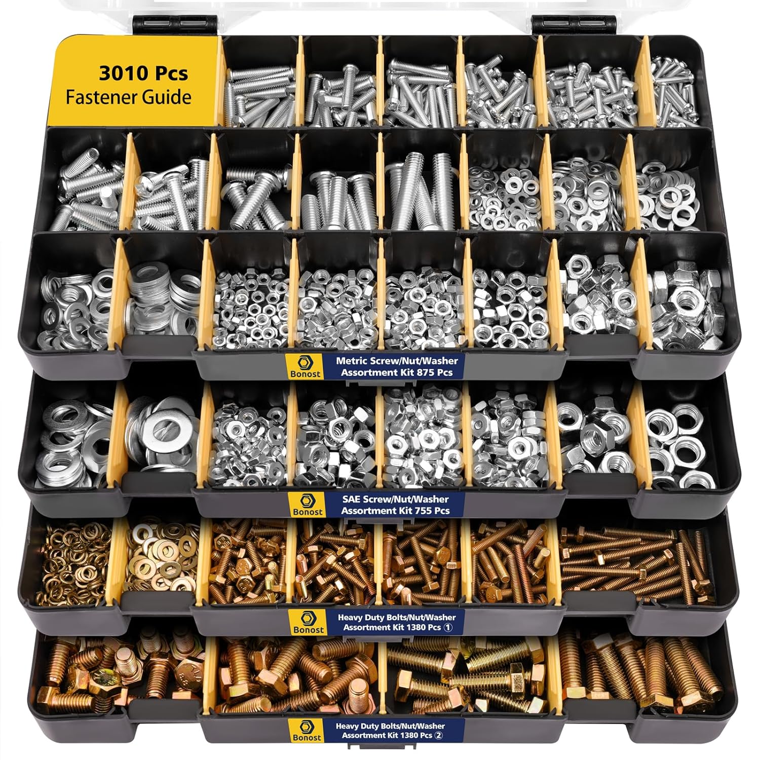 3010pcs Hardware Assortment Kit with Assorted SAE & Metric Phillips Head Bolts, and Grade 8.8 Metric Hex Bolt Set with Matching Nuts and Lock Washers (4 Trays)