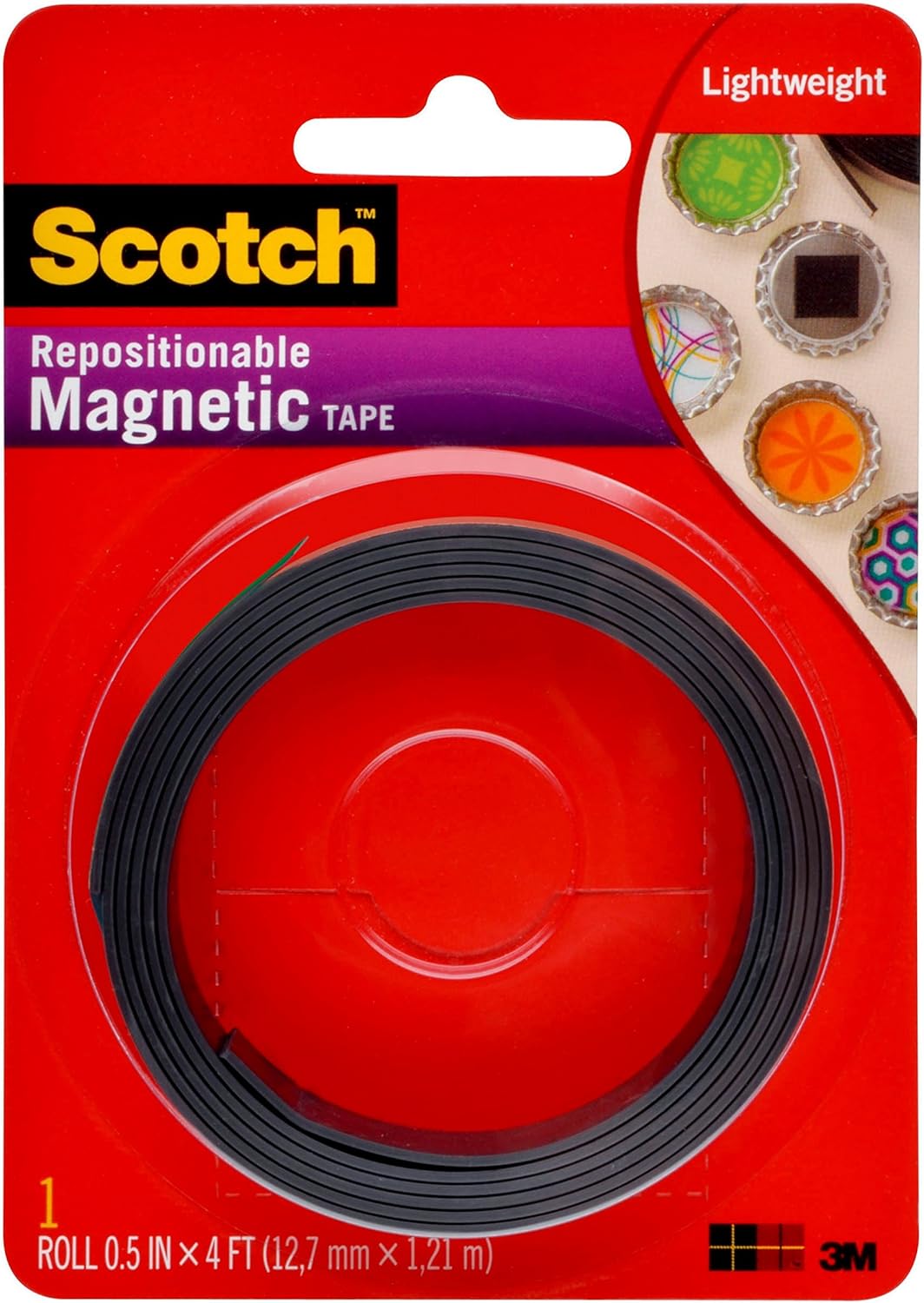 Scotch Magnetic Tape, 1/2 inch x 48 inch (4 Ft), Self-Permanent Adhesive, Cuts Easily with Scissors, Will Not Curl After Mounting, Easy-to-Apply Design (MT004.5S)